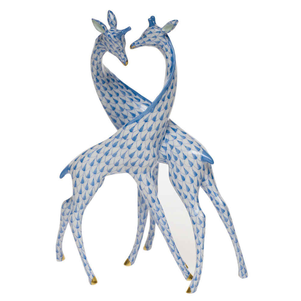 Blue fishnet Pair of Giraffes Figurine figurine, hand-painted Herend porcelain with 24k gold accents