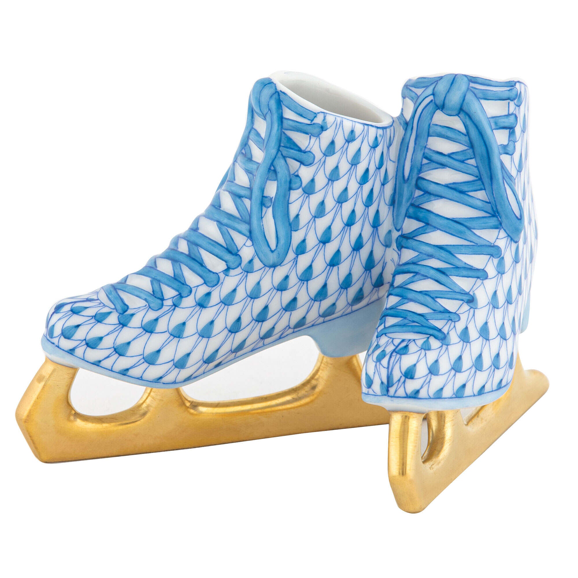 Blue fishnet Pair of Ice Skates Figurine figurine, hand-painted Herend porcelain with 24k gold accents