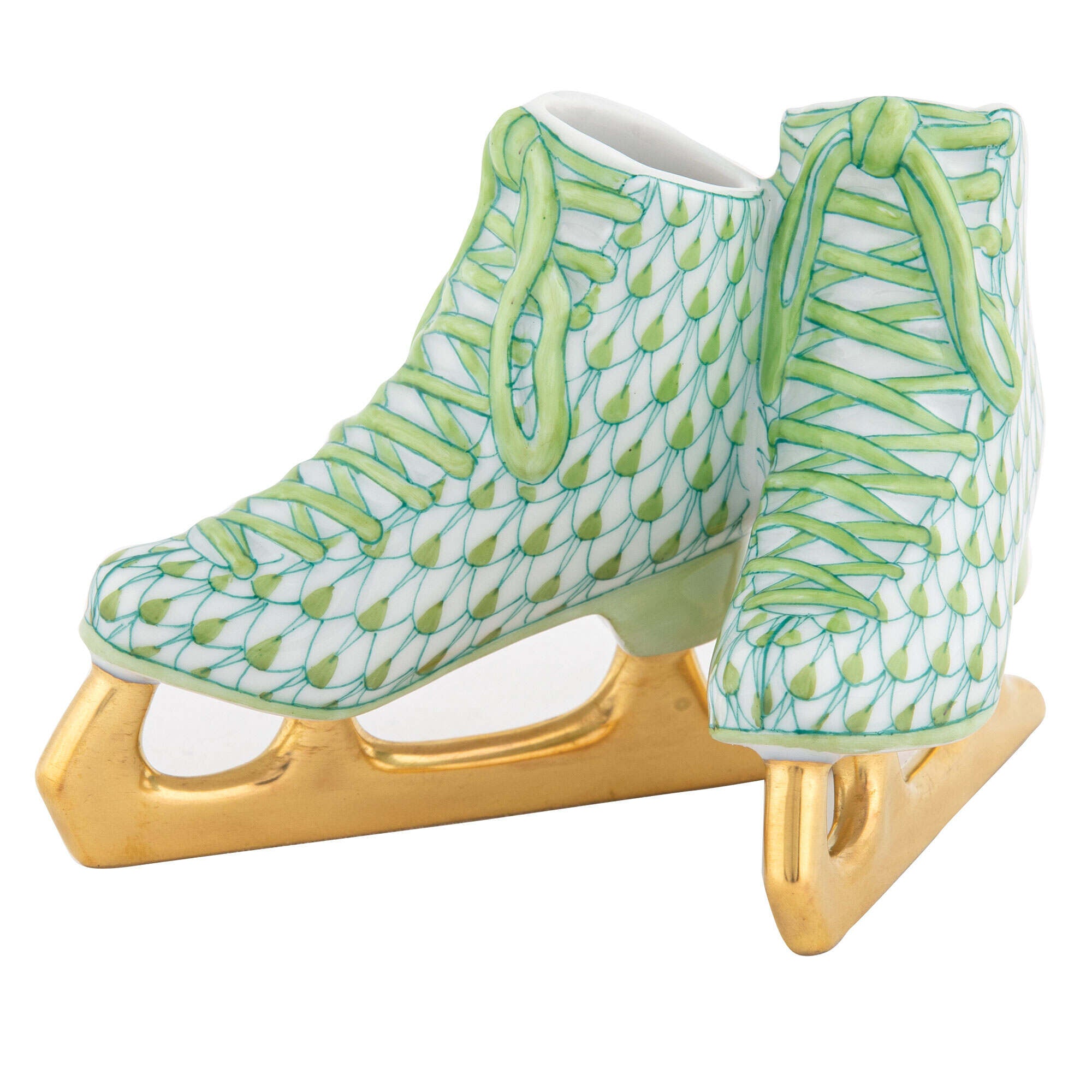 Herend Pair of Ice Skates Figurine porcelain figurine painted in the Key Lime fishnet pattern