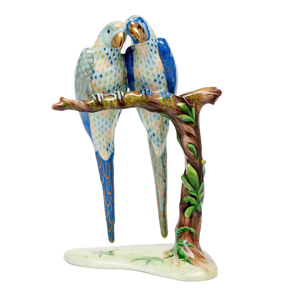 Hand-painted Herend Pair of Macaws Figurine in fine porcelain, 4.25in L X 10.25in H, on a white background