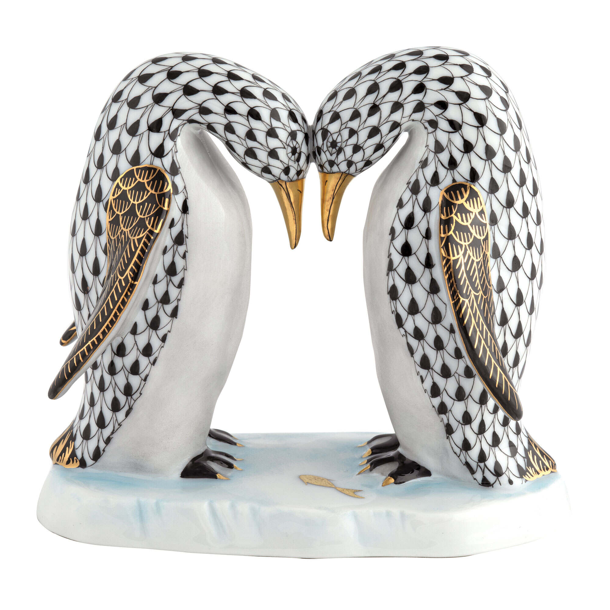 Herend Pair of Penguins Figurine porcelain figurine painted in the Black fishnet pattern