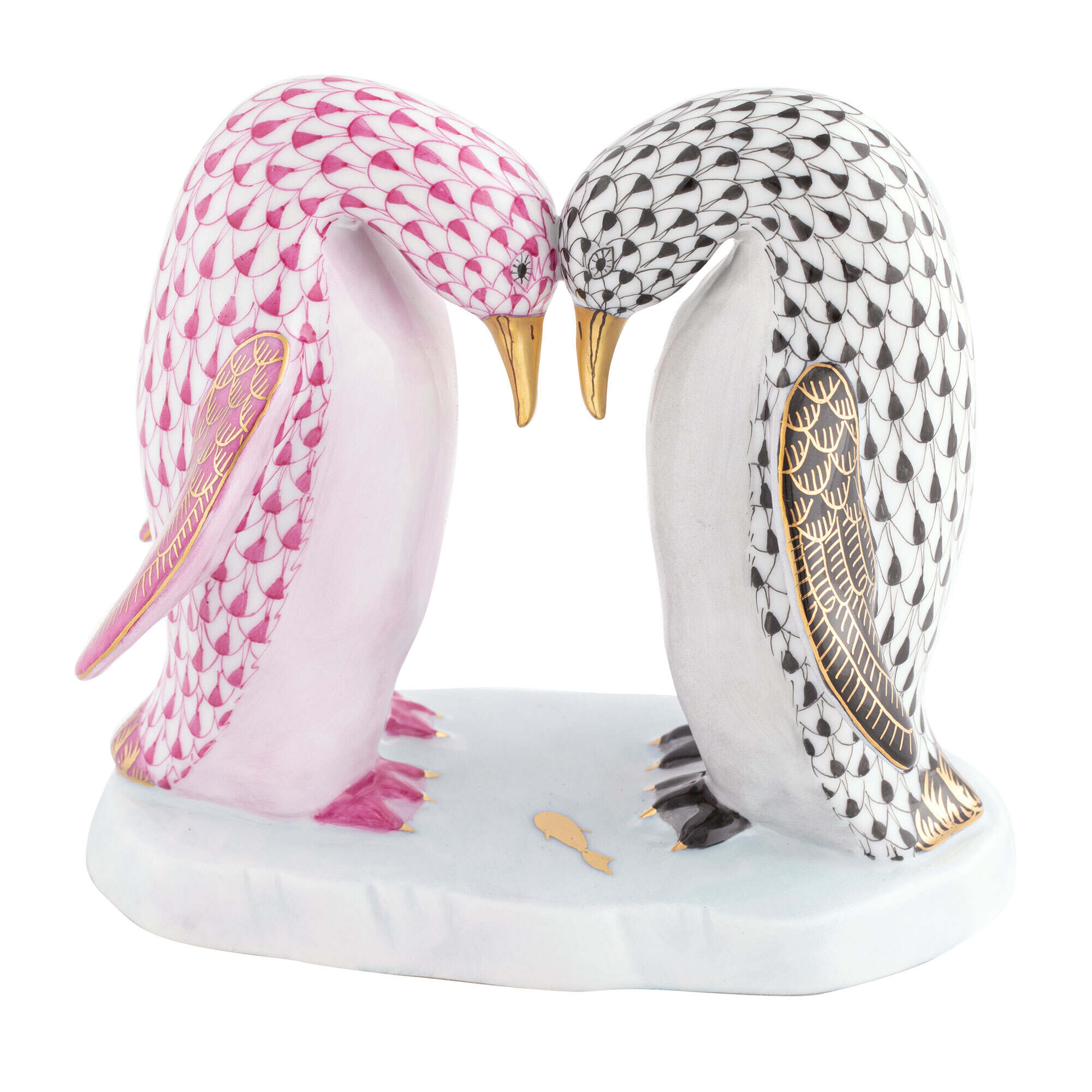 Black-Raspberry fishnet Pair of Penguins Figurine figurine, hand-painted Herend porcelain with 24k gold accents