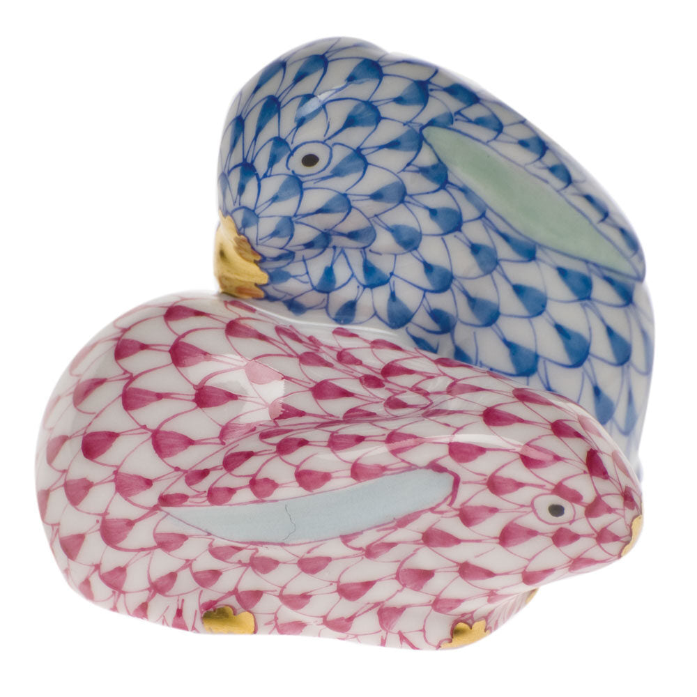 Hand-painted Herend Pair of Rabbits Figurine in Blue-Raspberry fishnet porcelain on a white background