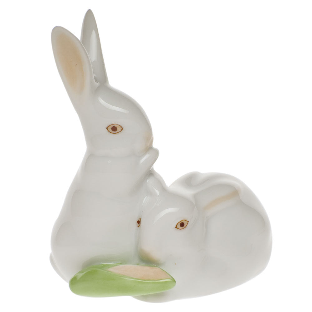 Hand-painted Herend Pair of Rabbits with Corn Figurine in Natural fishnet porcelain on a white background