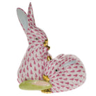 Hand-painted Herend Pair of Rabbits with Corn Figurine in Raspberry fishnet porcelain on a white background
