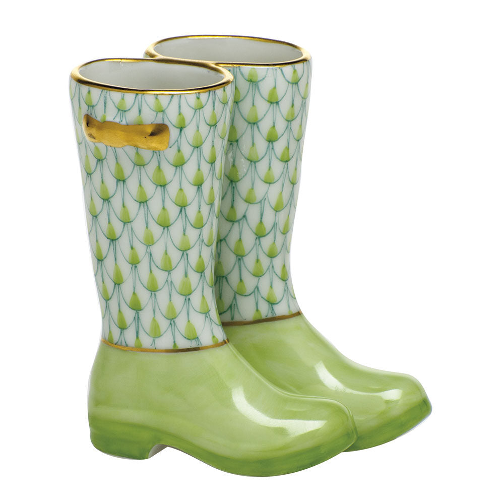 Hand-painted Herend Pair of Rain Boots Figurine in Key Lime fishnet porcelain on a white background