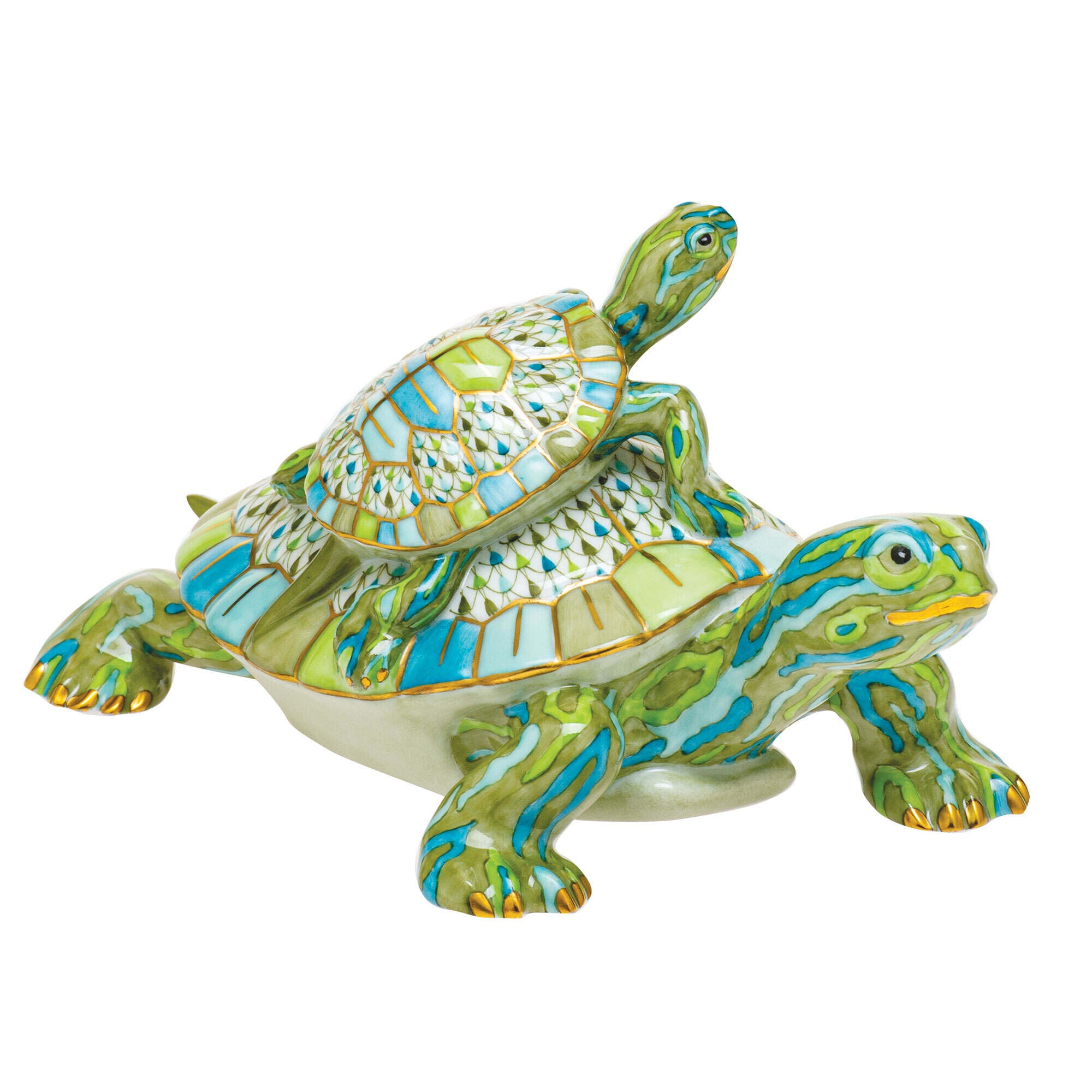 Hand-painted Herend Pair of Turtles Figurine in fine porcelain, 3.7in H X 8.5in L X 4.5in W, on a white background