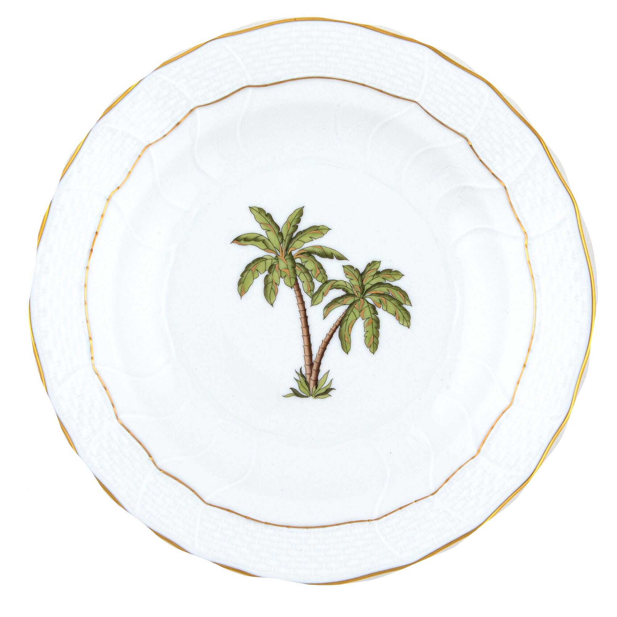 Hand-painted Herend Palm Tree Dessert Plate in fine porcelain, 8.25in D, on a white background