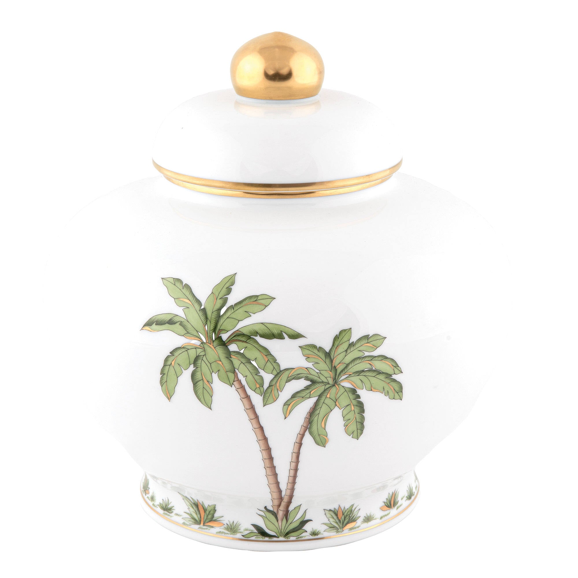 Hand-painted Herend Palm Tree Ginger Jar in fine porcelain, 8.5in H X 9in D, on a white background