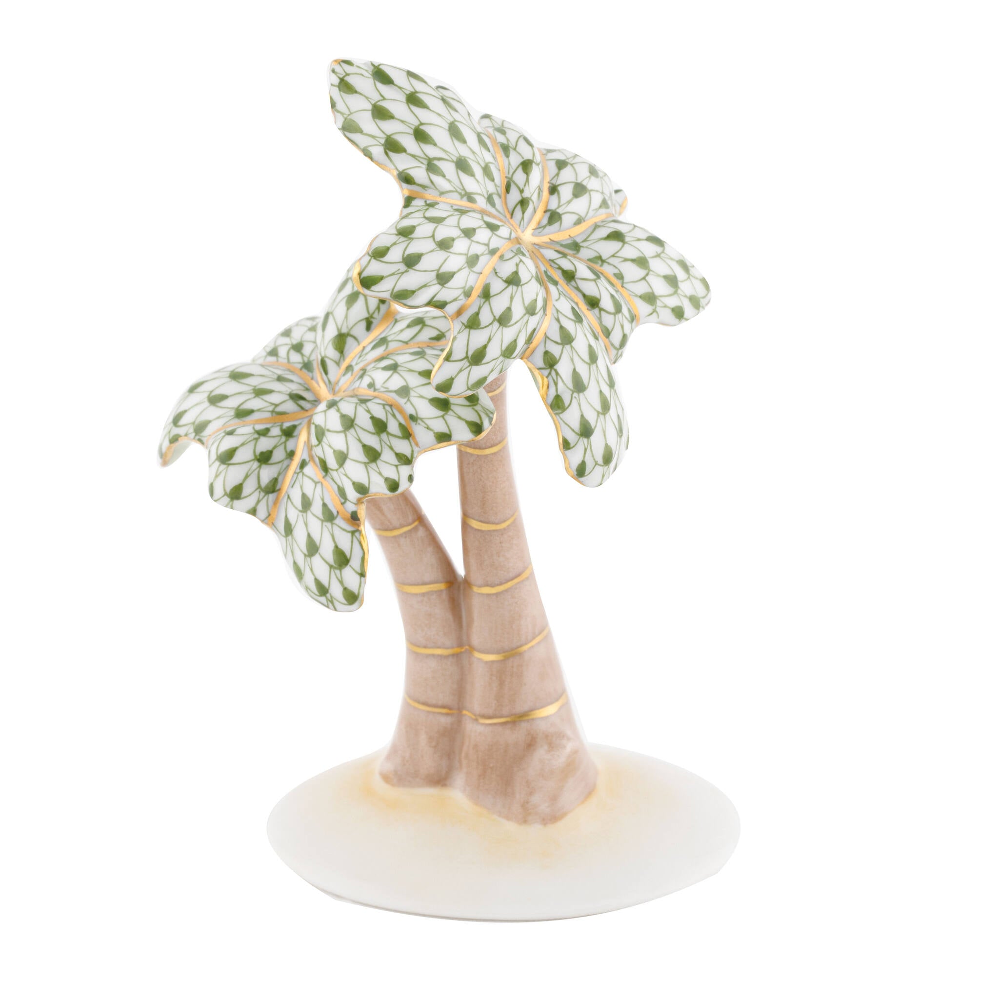 Hand-painted Herend Palm Tree Figurine in fine porcelain, 2.75in L X 2.25in W X 4in H, on a white background