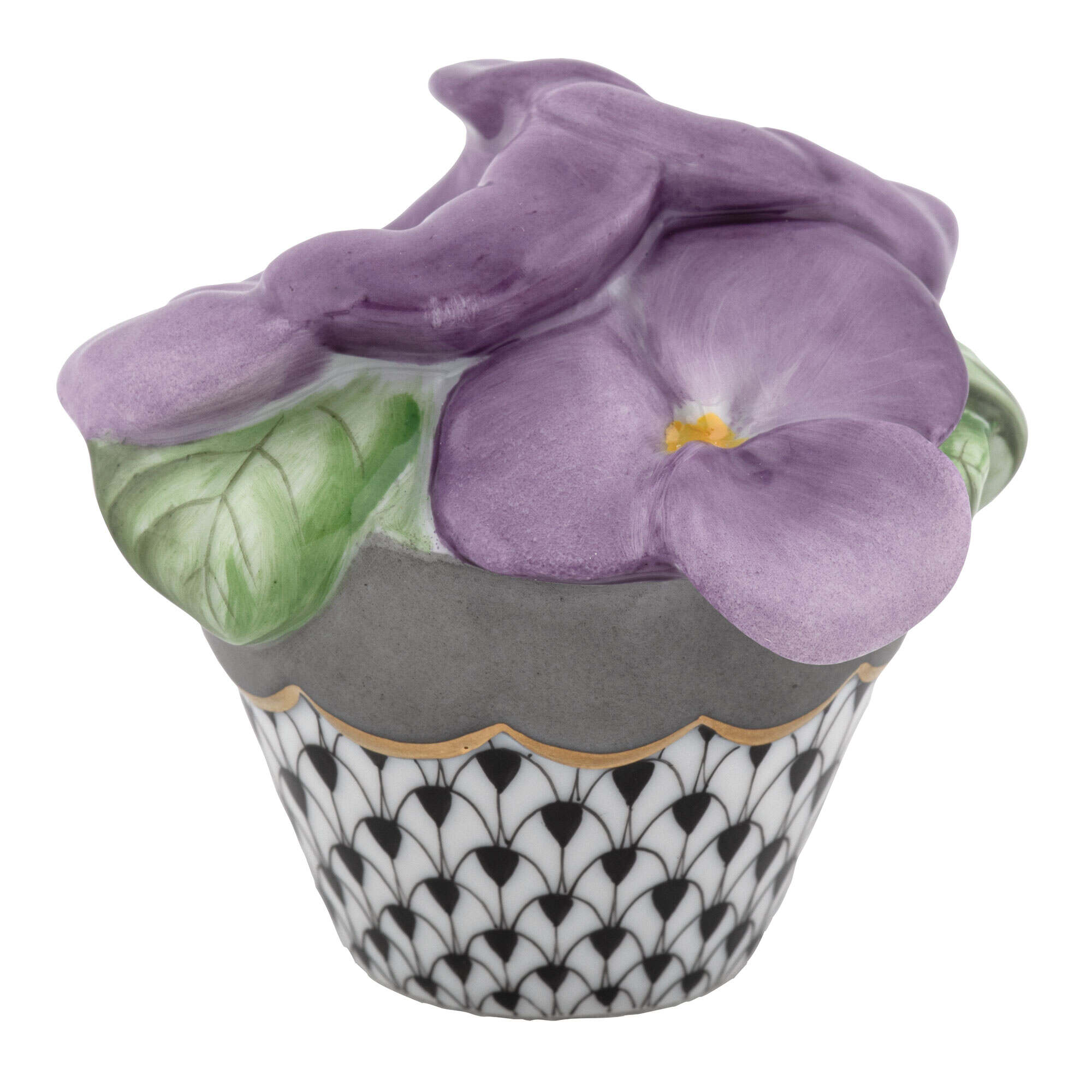 Herend Pansies in Flowerpot Figurine porcelain figurine painted in the Black fishnet pattern
