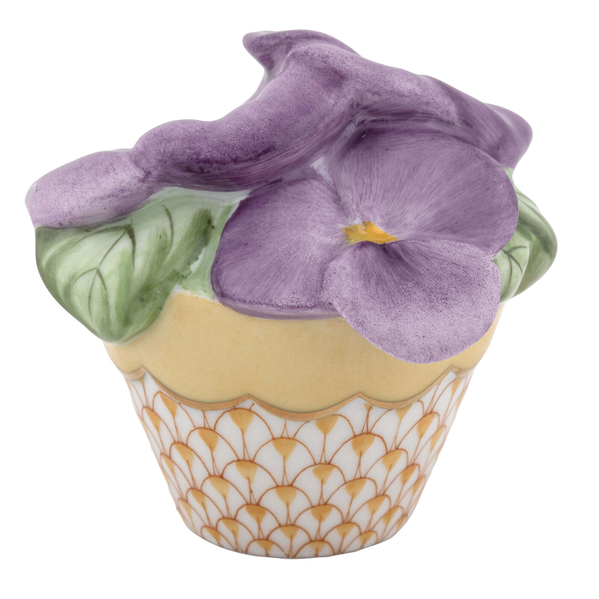 Herend Pansies in Flowerpot Figurine porcelain figurine painted in the Butterscotch fishnet pattern