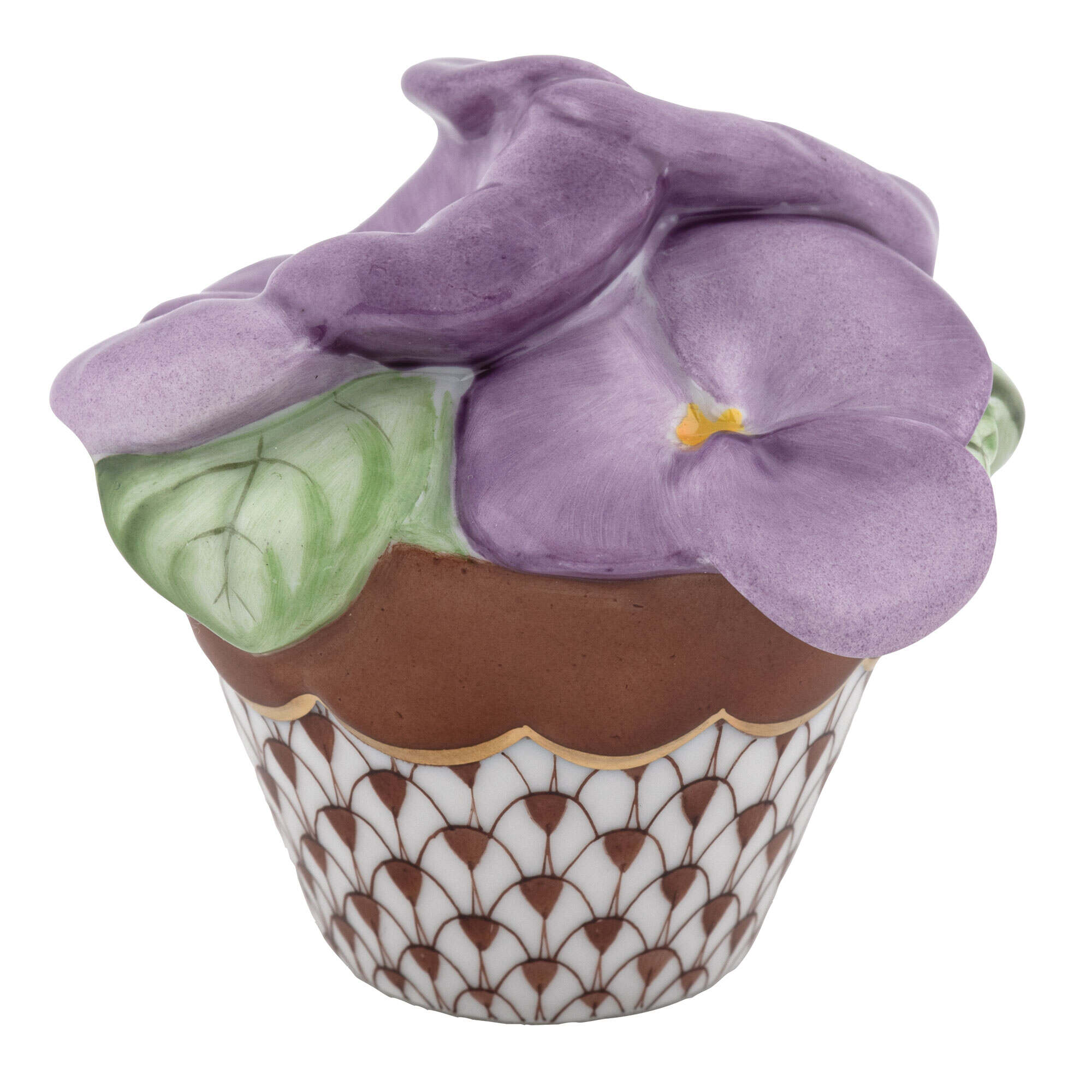 Pansies in Flowerpot Figurine in hand-painted Chocolate porcelain by Herend of Hungary