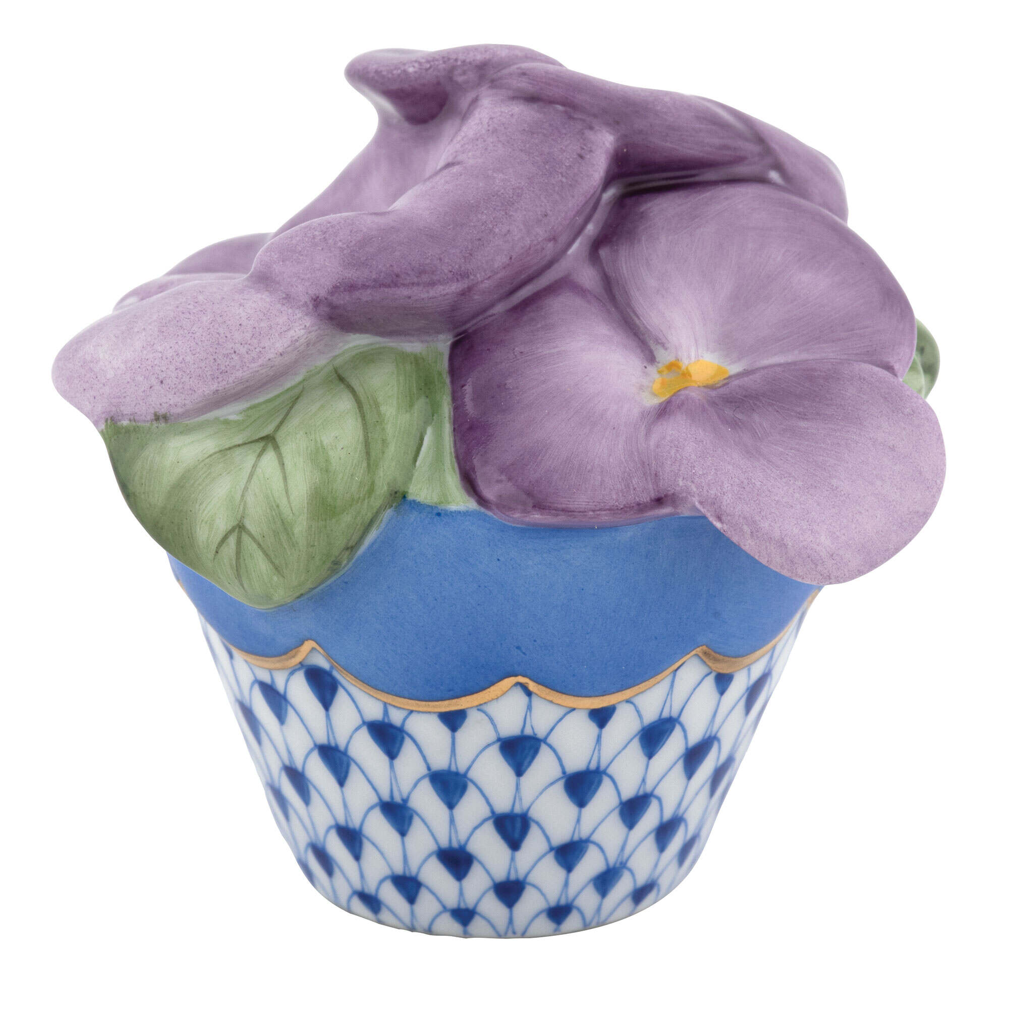 Sapphire fishnet Pansies in Flowerpot Figurine figurine, hand-painted Herend porcelain with 24k gold accents