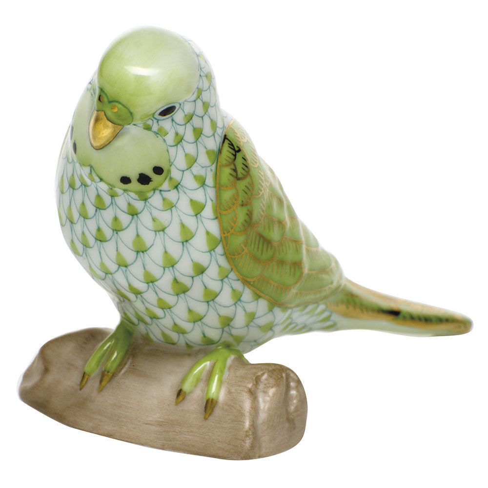 Hand-painted Herend Parakeet Figurine in fine porcelain, 4in L X 2.75in H, on a white background