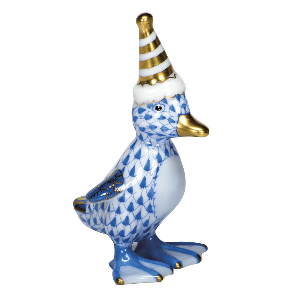 Blue fishnet Party Duckling Figurine figurine, hand-painted Herend porcelain with 24k gold accents