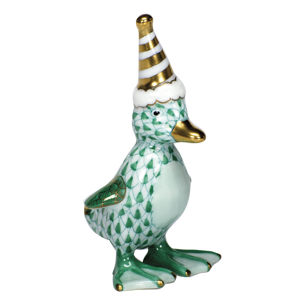Herend Party Duckling Figurine porcelain figurine painted in the Green fishnet pattern