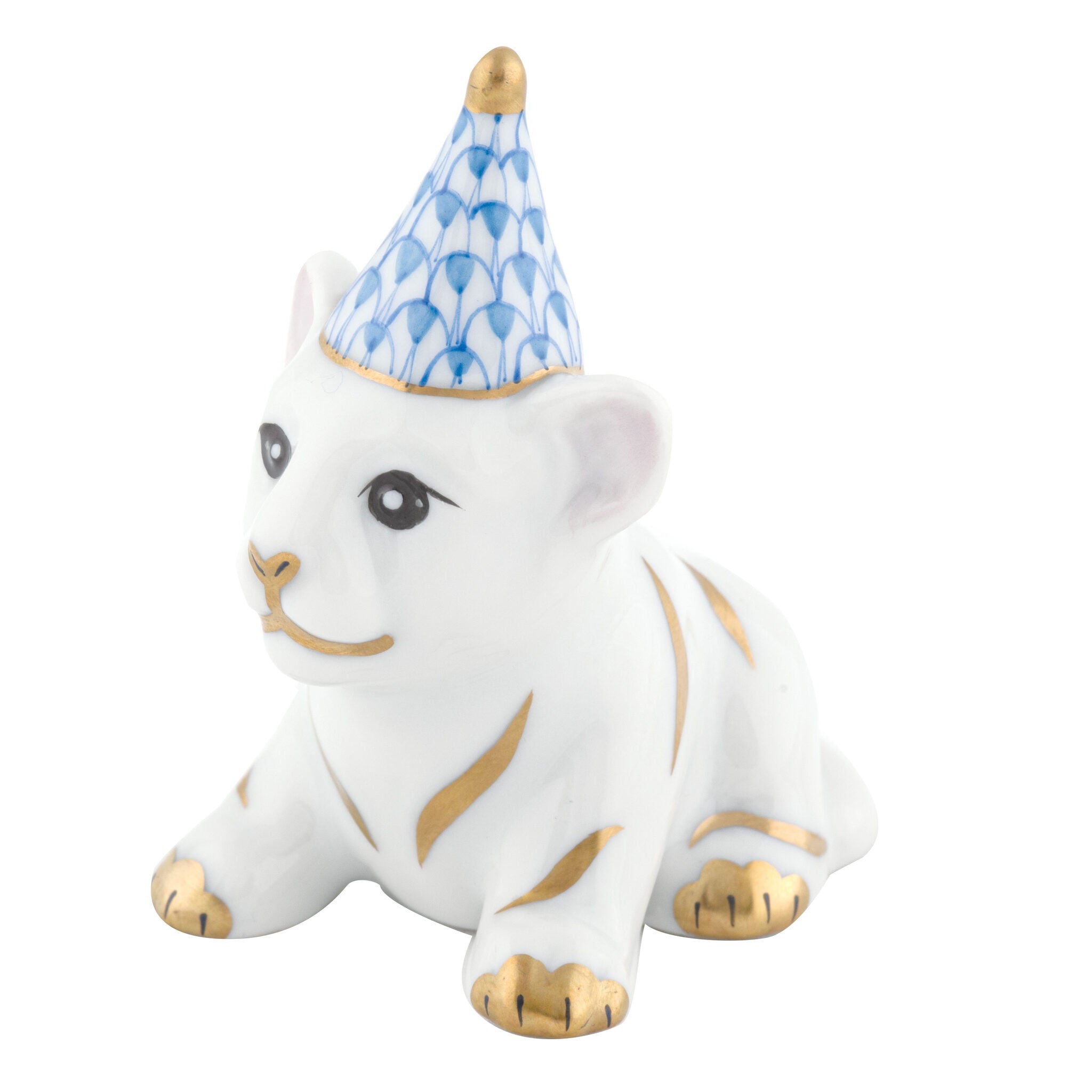 Herend Party Tiger Figurine porcelain figurine painted in the Blue fishnet pattern