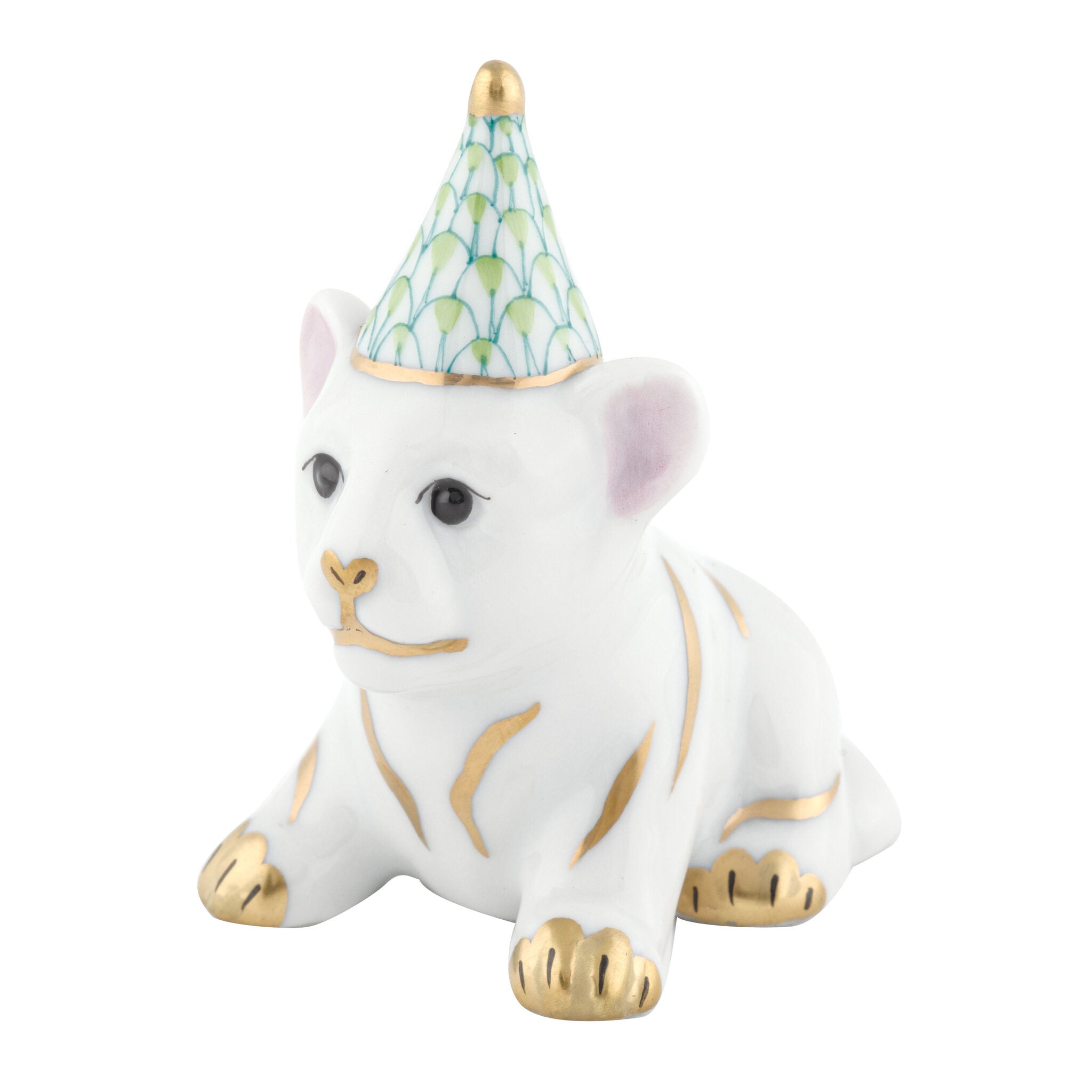 Herend Party Tiger Figurine porcelain figurine painted in the Key Lime fishnet pattern