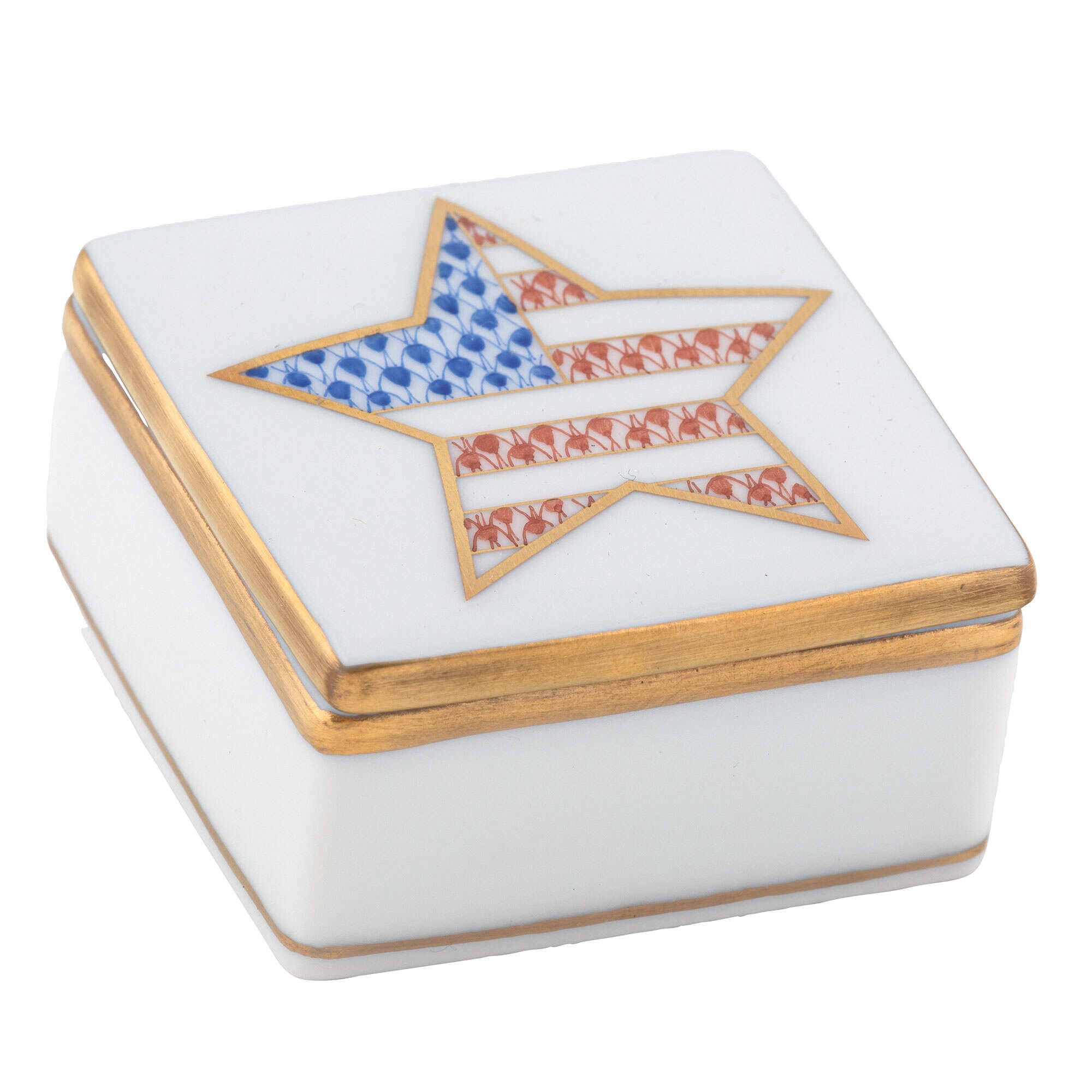 Hand-painted Herend Patriotic Box in fine porcelain, 2in L X 2in W X 1.25in H, on a white background