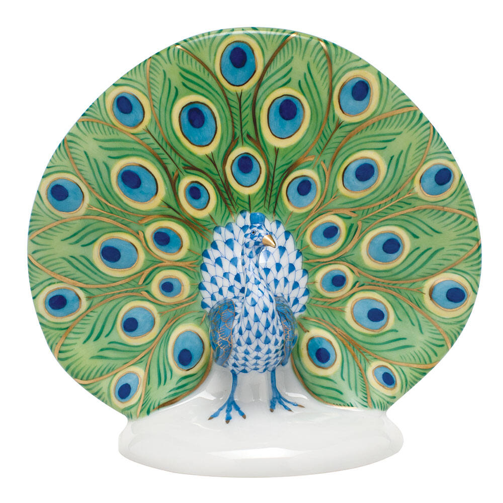 Hand-painted Herend Peacock Figurine in fine porcelain, 4.25in H, on a white background