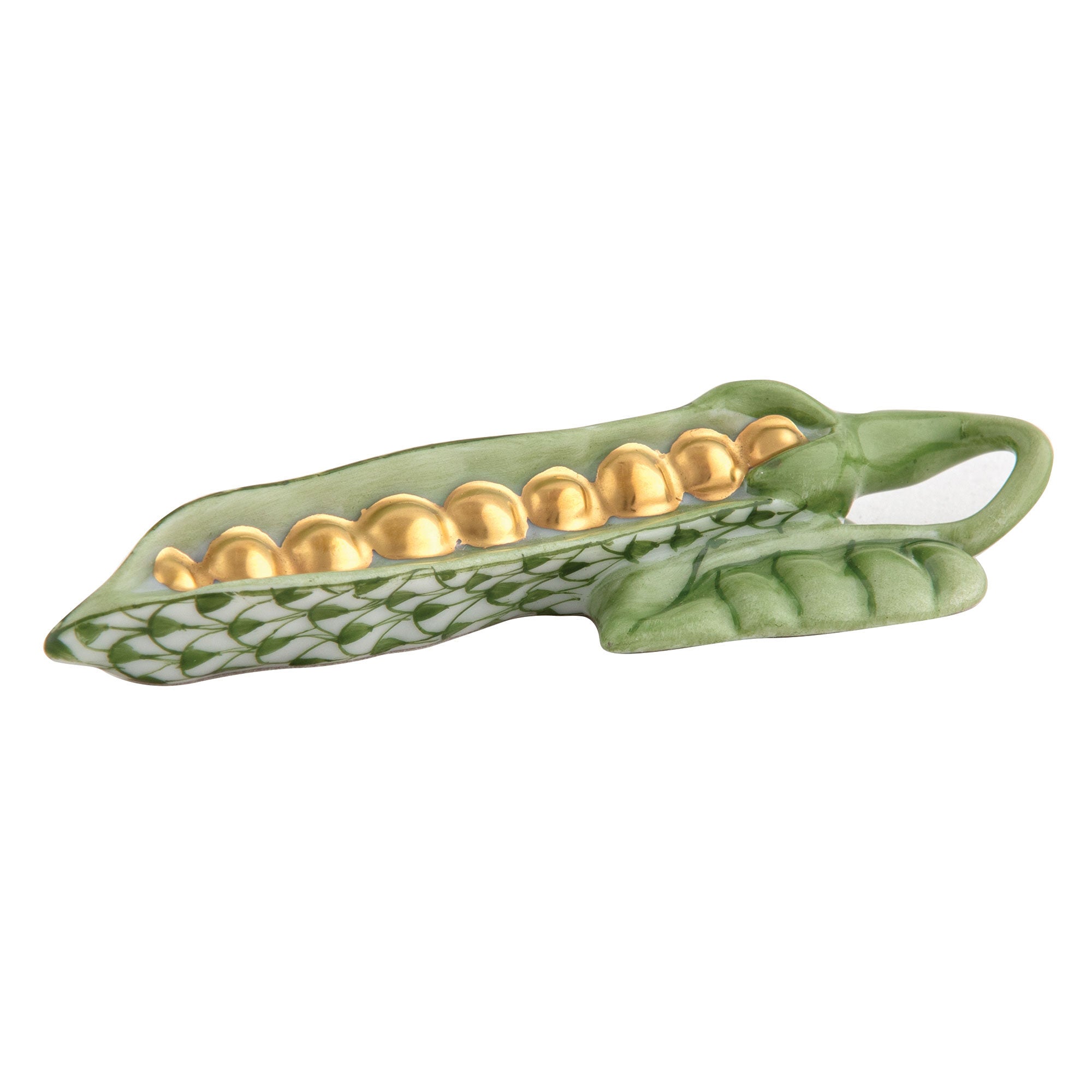 Hand-painted Herend Peapod Figurine in fine porcelain, 3.25in L X 1.25in W X 0.5in H, on a white background