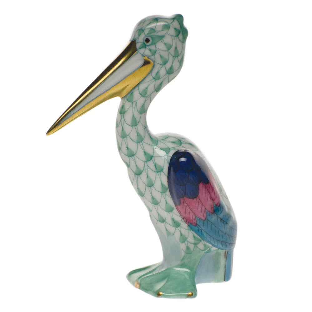 Green fishnet Pelican Figurine figurine, hand-painted Herend porcelain with 24k gold accents