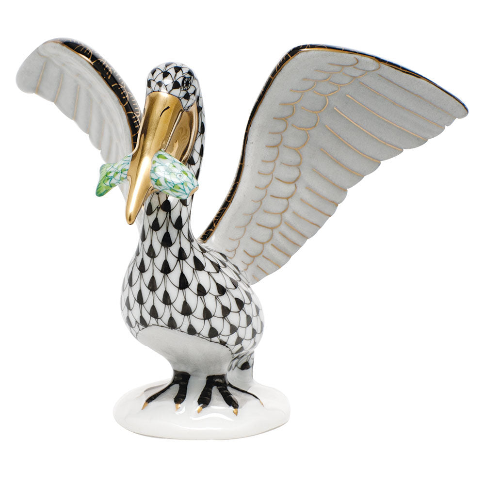 Herend Pelican with Fish Figurine porcelain figurine painted in the Black-Key Lime fishnet pattern
