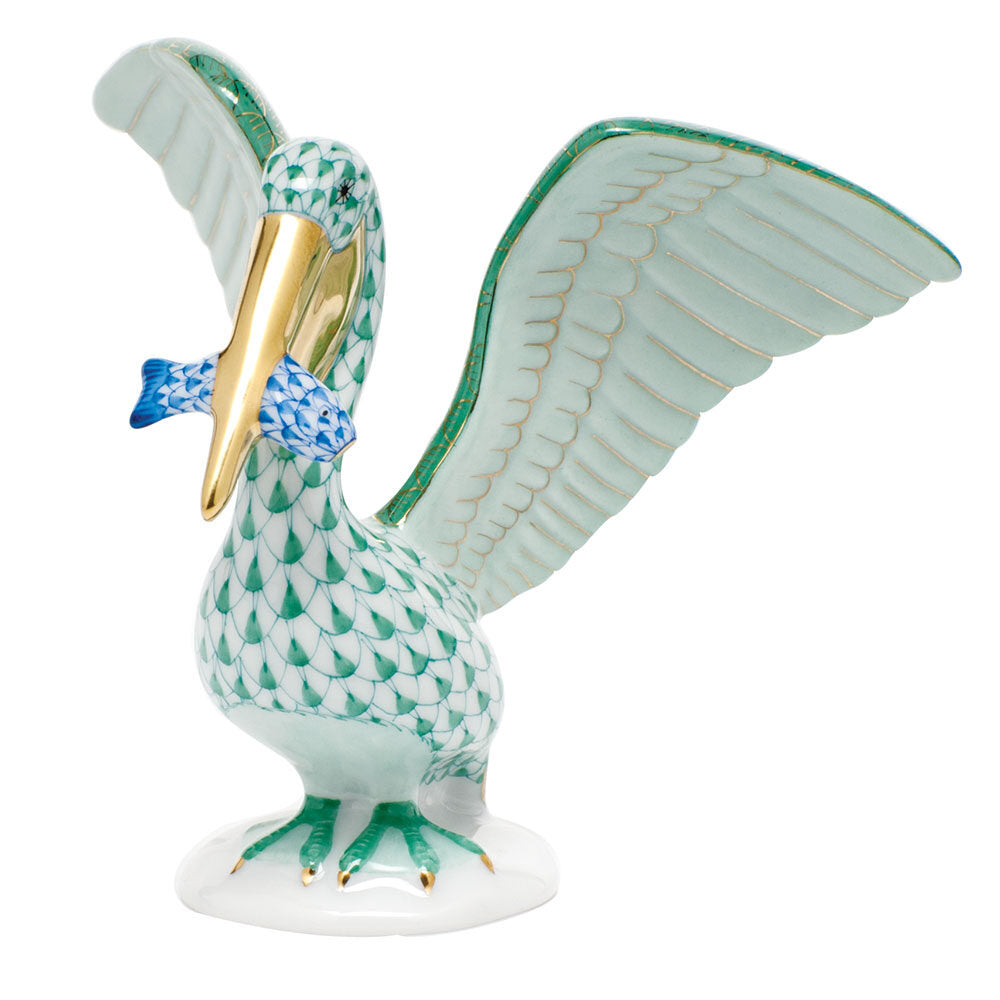 Green-Blue fishnet Pelican with Fish Figurine figurine, hand-painted Herend porcelain with 24k gold accents