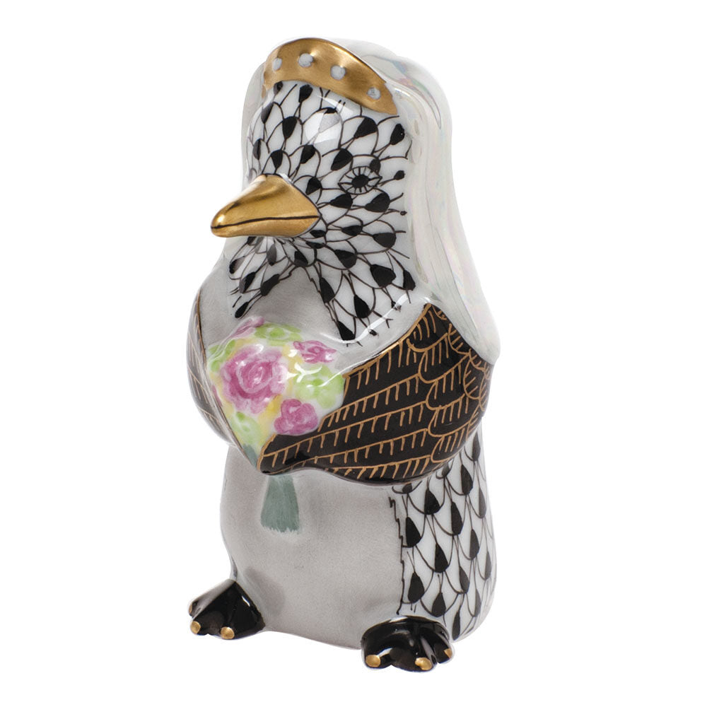 Herend Penguin Bride Figurine porcelain figurine painted in the Black fishnet pattern