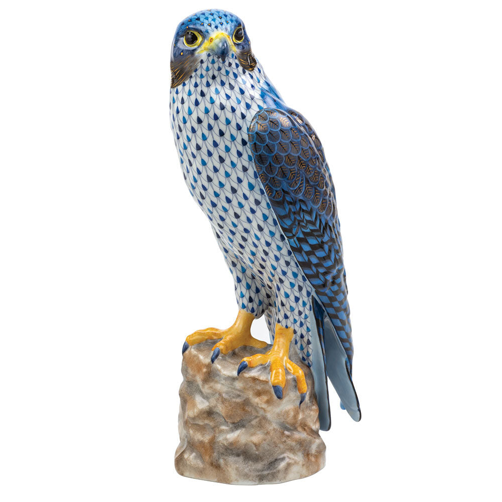 Hand-painted Herend Peregrine Falcon Figurine in fine porcelain, 5in L X 3.75in W X 10.5in H, on a white background