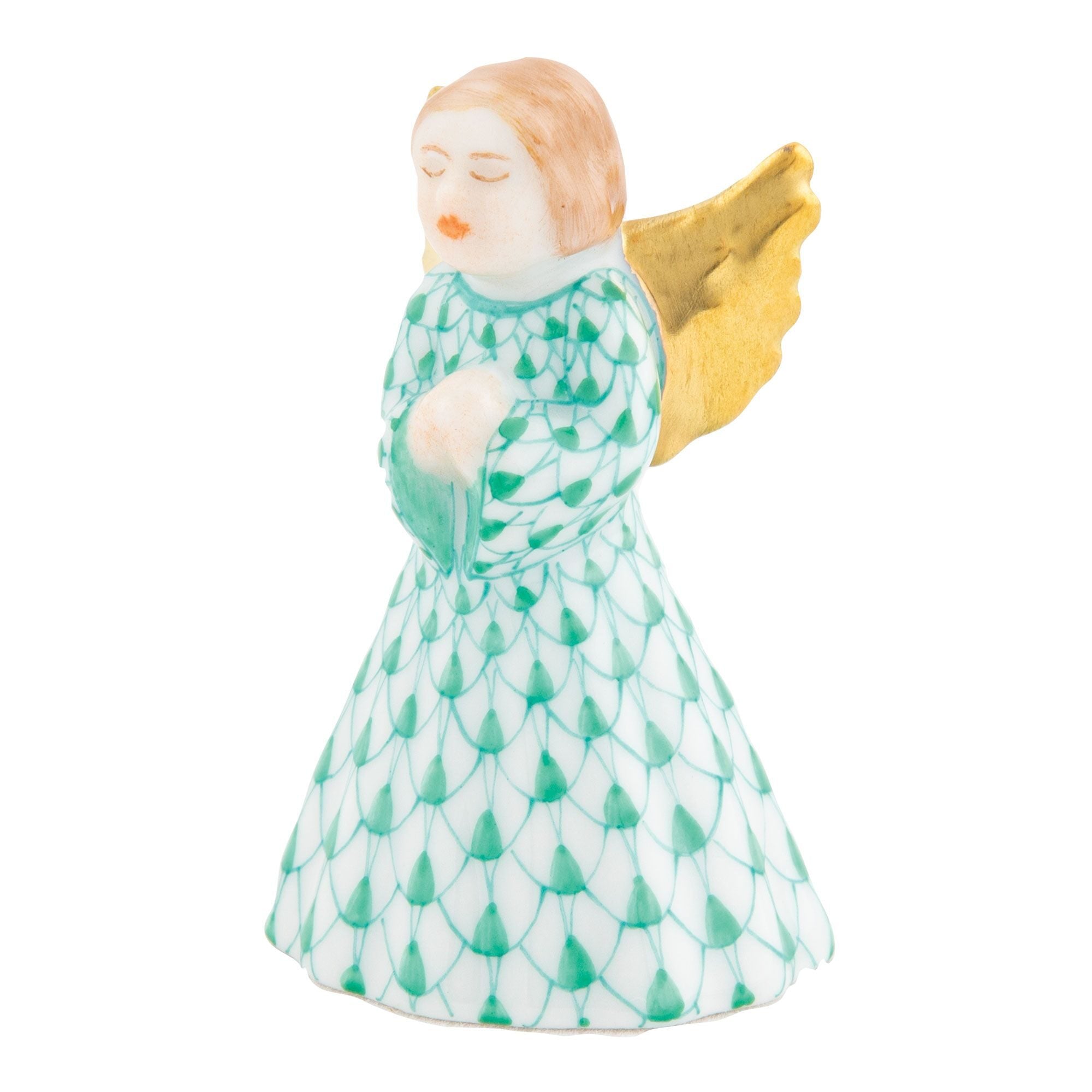 Hand-painted Herend Petite Praying Angel Figurine in Green fishnet porcelain on a white background
