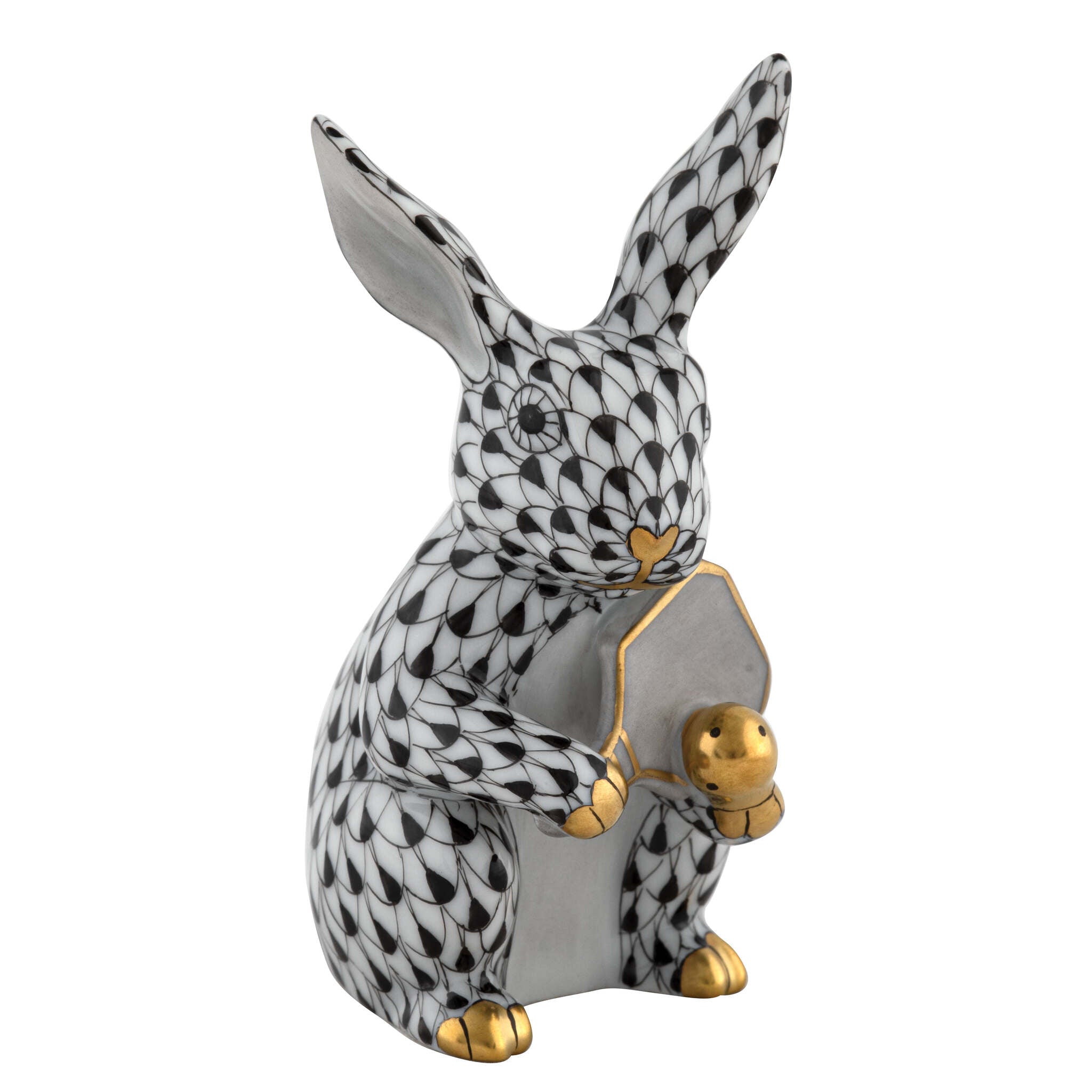 Hand-painted Herend Pickleball Bunny Figurine in Black fishnet porcelain on a white background