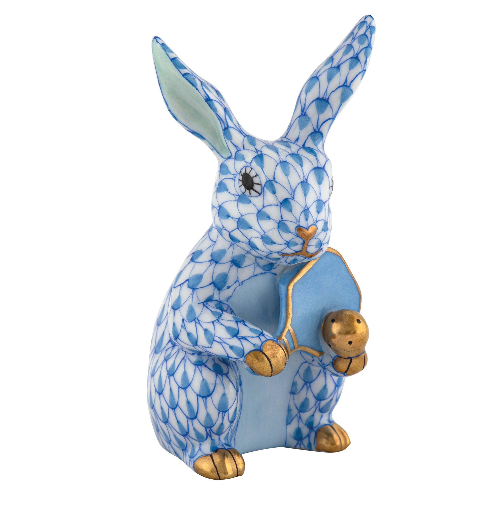Hand-painted Herend Pickleball Bunny Figurine in Blue fishnet porcelain on a white background