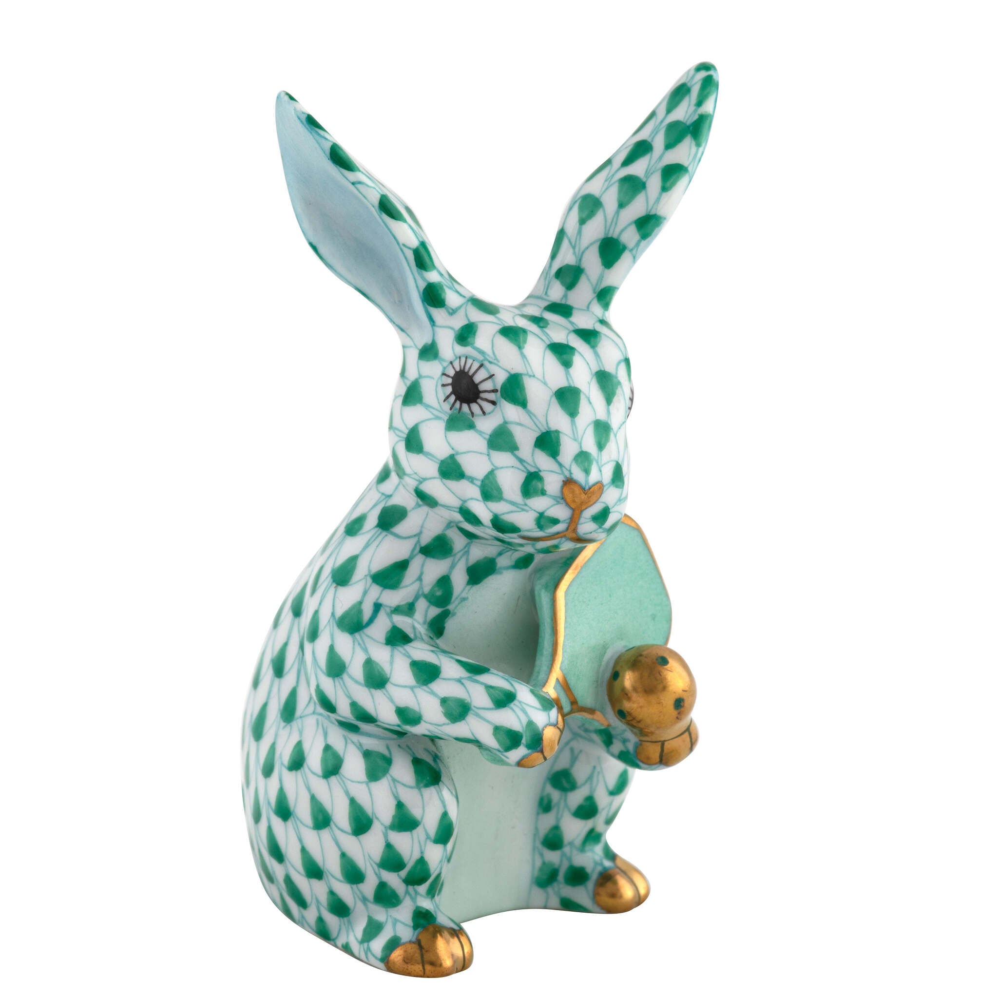 Hand-painted Herend Pickleball Bunny Figurine in Green fishnet porcelain on a white background