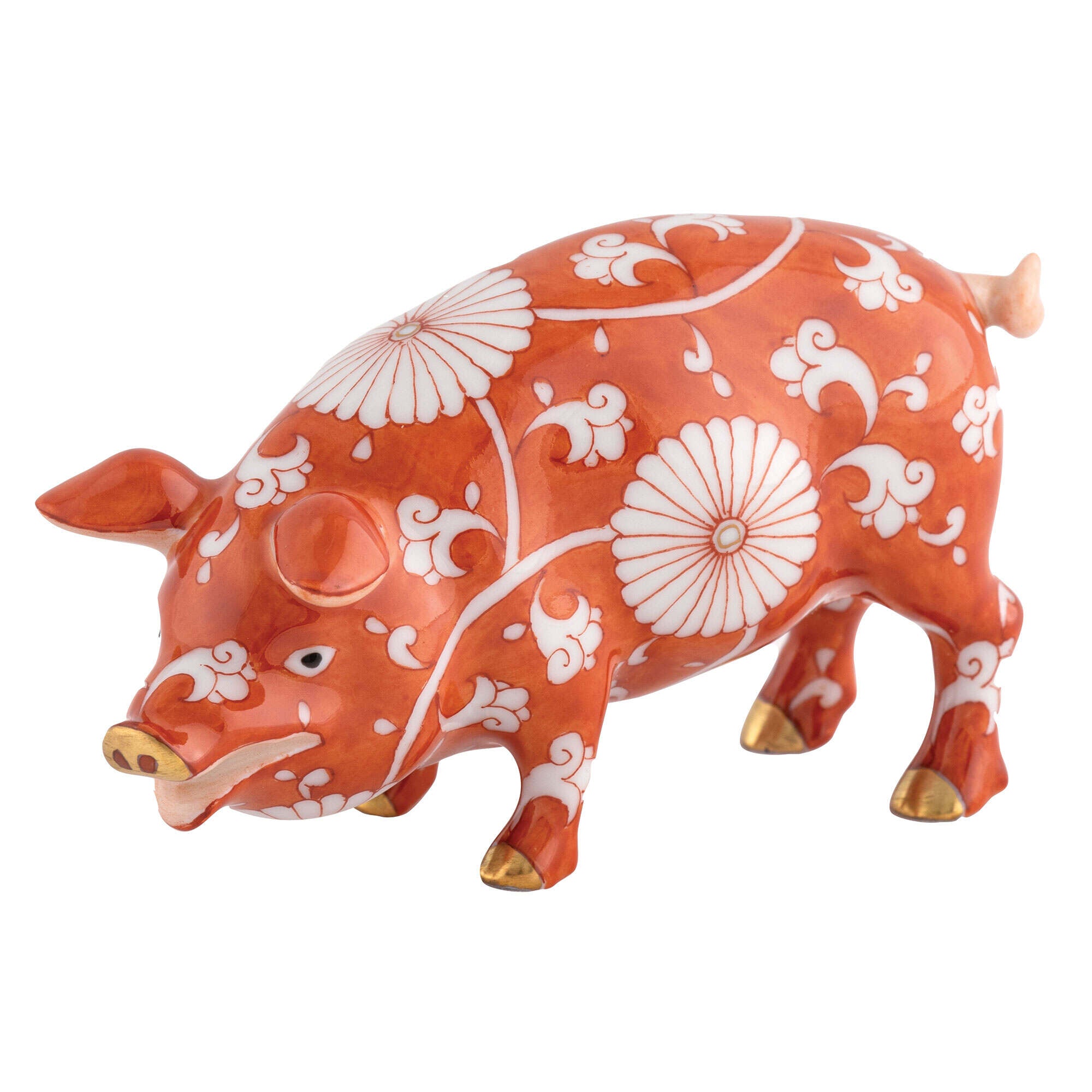 Hand-painted Herend Pig Figurine in Chrysanthemum fishnet porcelain on a white background