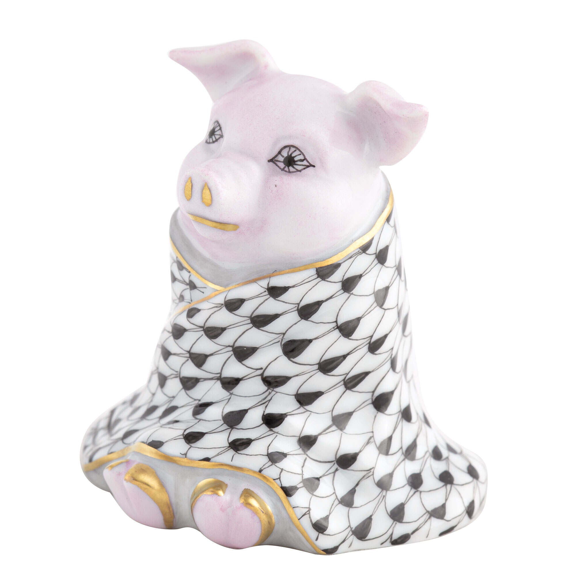 Hand-painted Herend Pig in a Blanket Figurine in Black fishnet porcelain on a white background