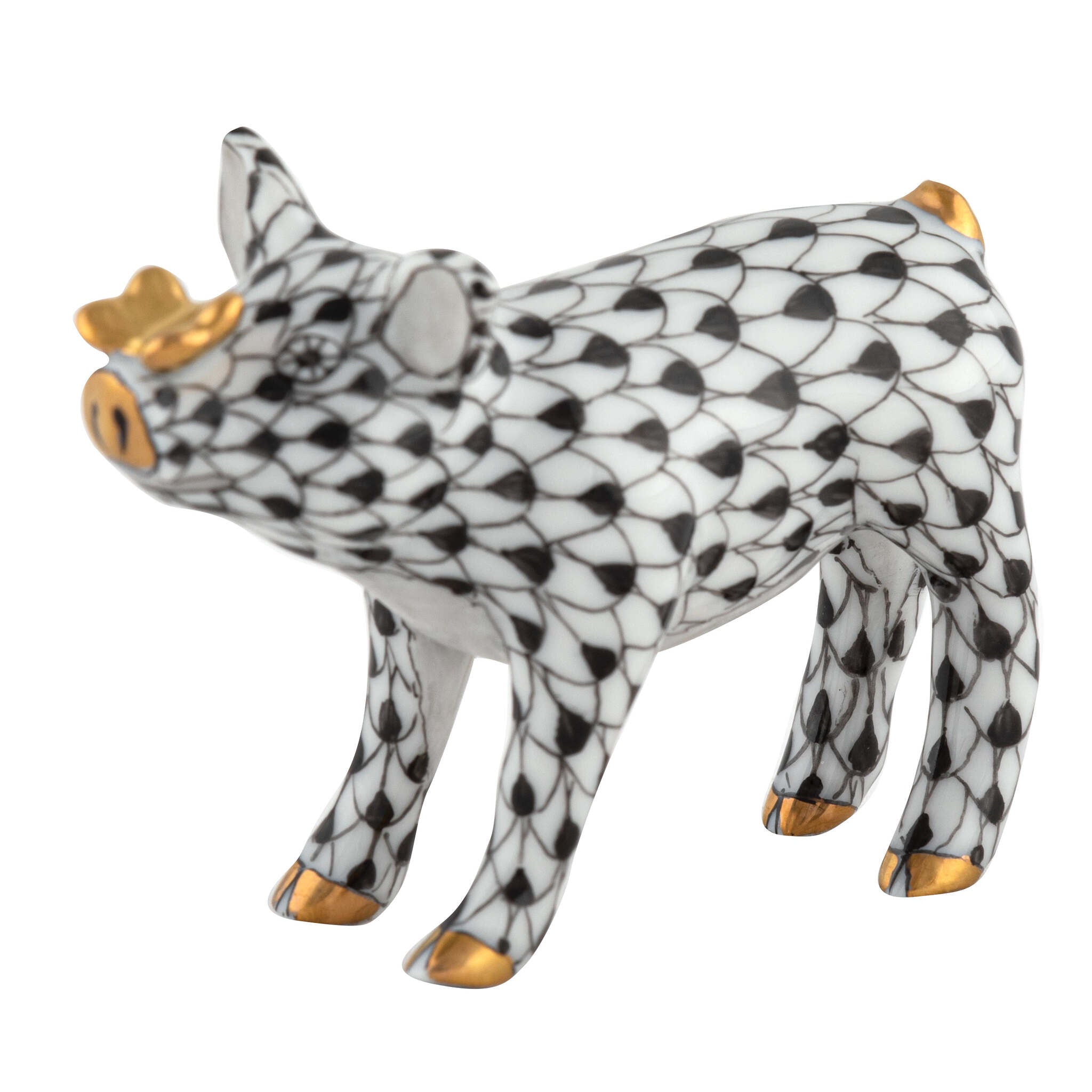 Herend Pig with Butterfly Figurine porcelain figurine painted in the Black fishnet pattern