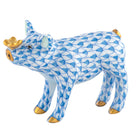 Hand-painted Herend Pig with Butterfly Figurine in Blue fishnet porcelain on a white background