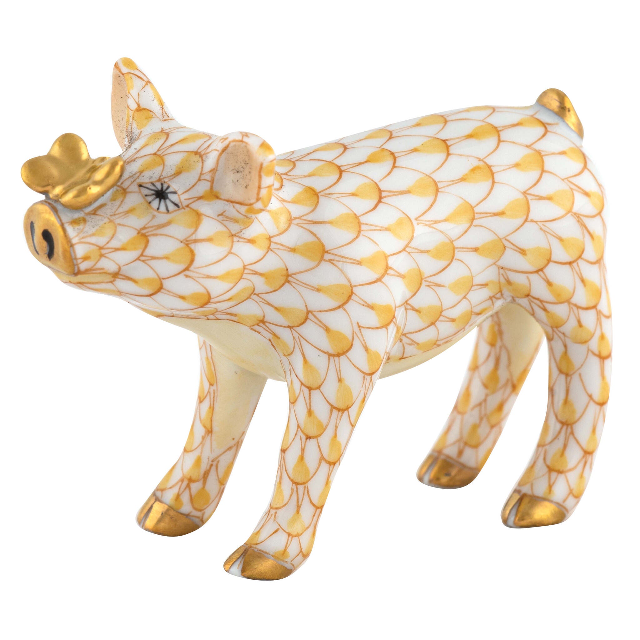Hand-painted Herend Pig with Butterfly Figurine in Butterscotch fishnet porcelain on a white background