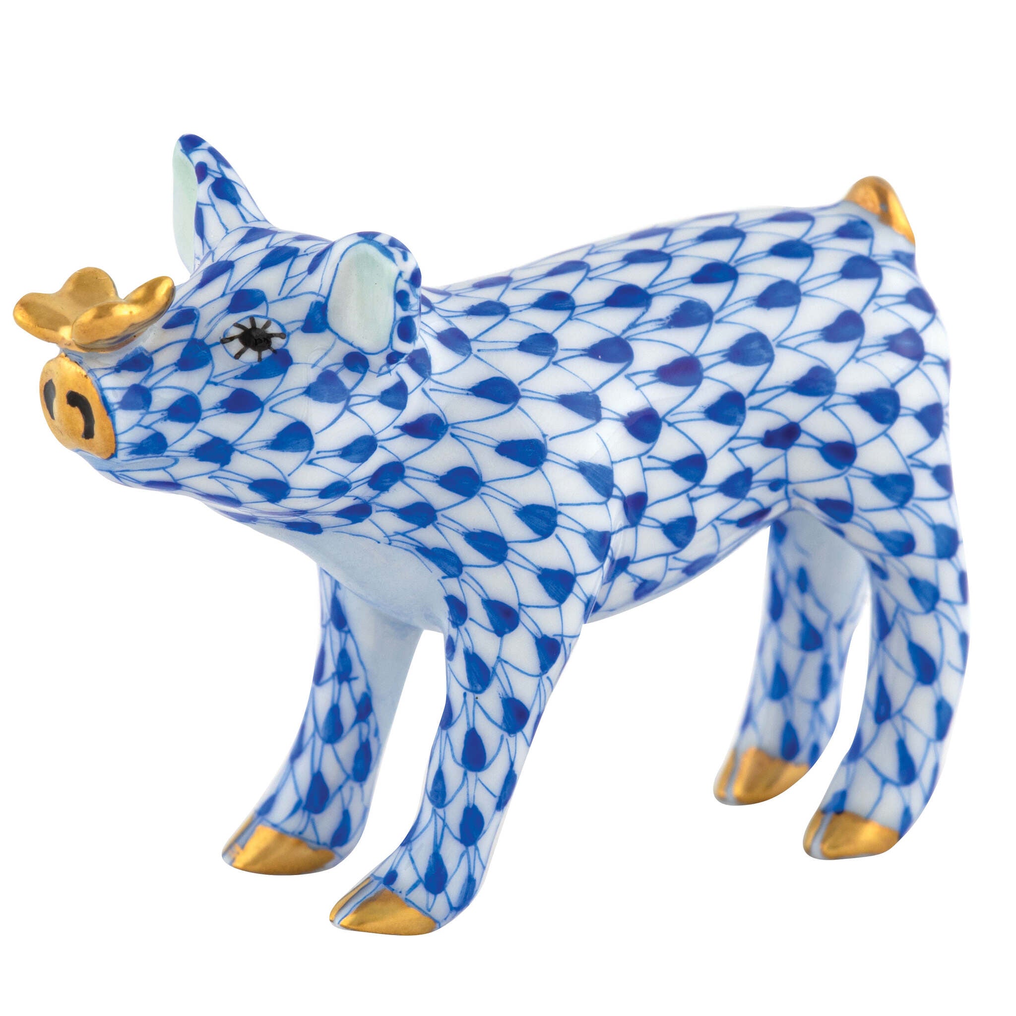 Pig with Butterfly Figurine in hand-painted Sapphire porcelain by Herend of Hungary