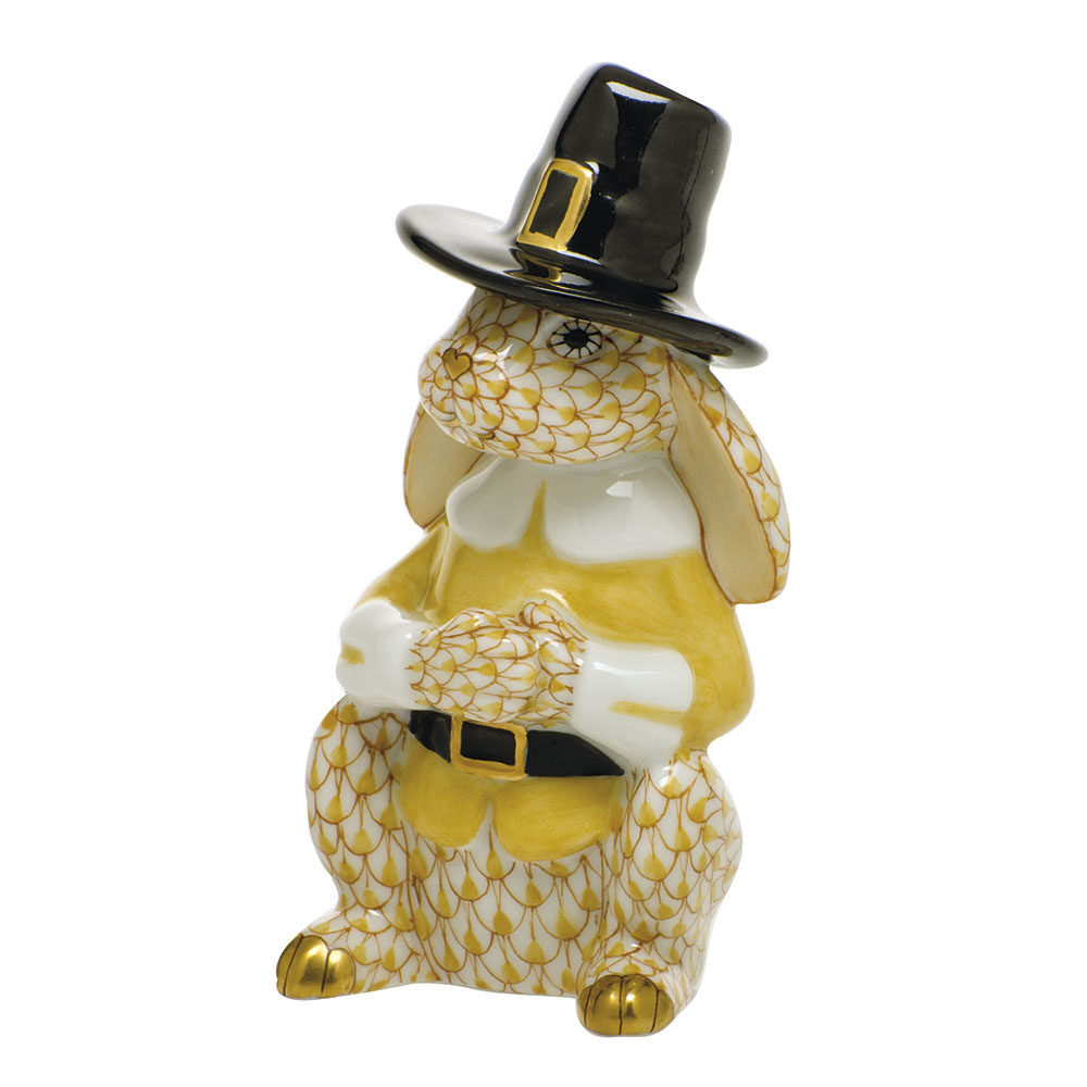 Butterscotch fishnet Pilgrim Bunny Figurine figurine, hand-painted Herend porcelain with 24k gold accents
