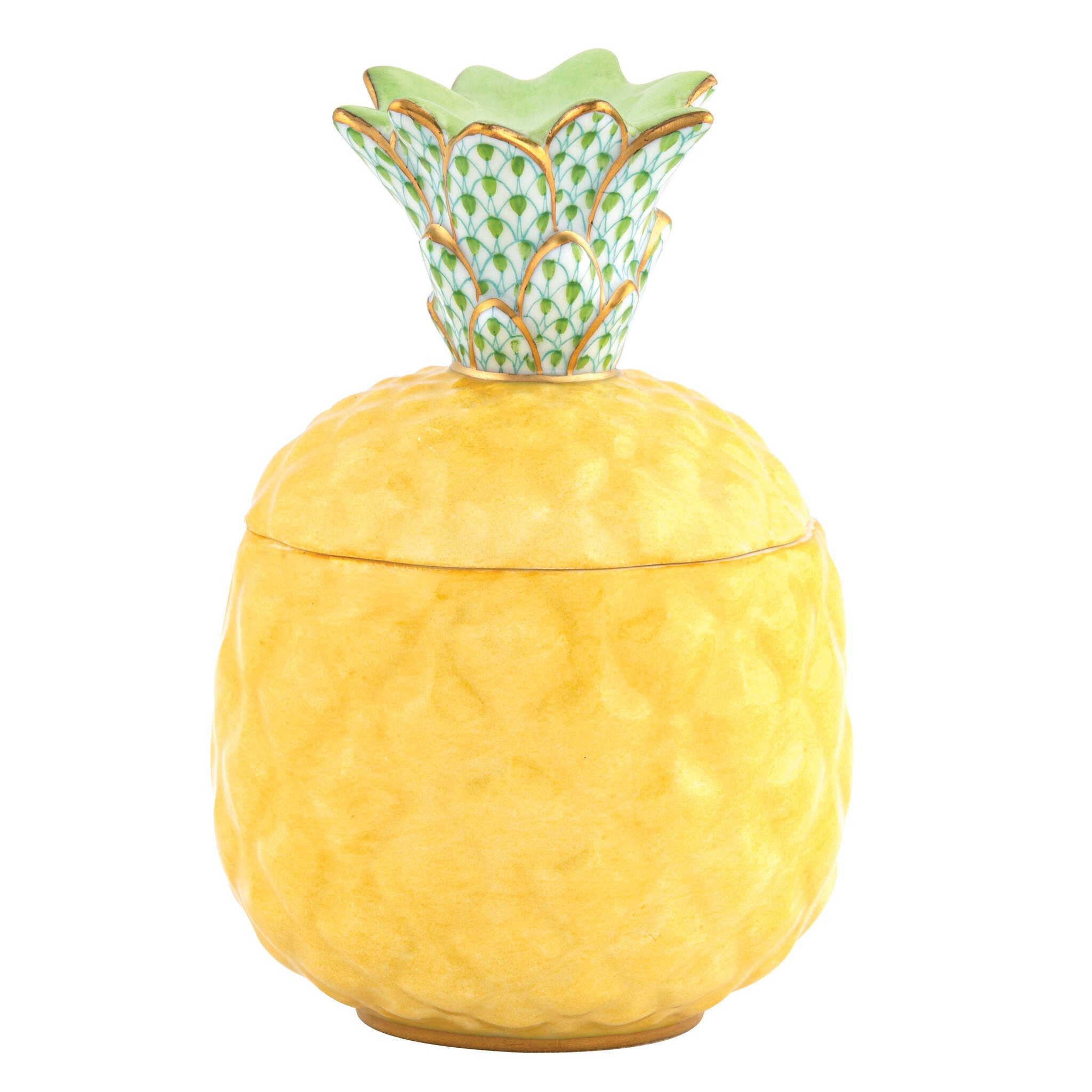 Hand-painted Herend Pineapple Bonbon Candy Dish in fine porcelain, 4.25in H X 3in D, on a white background