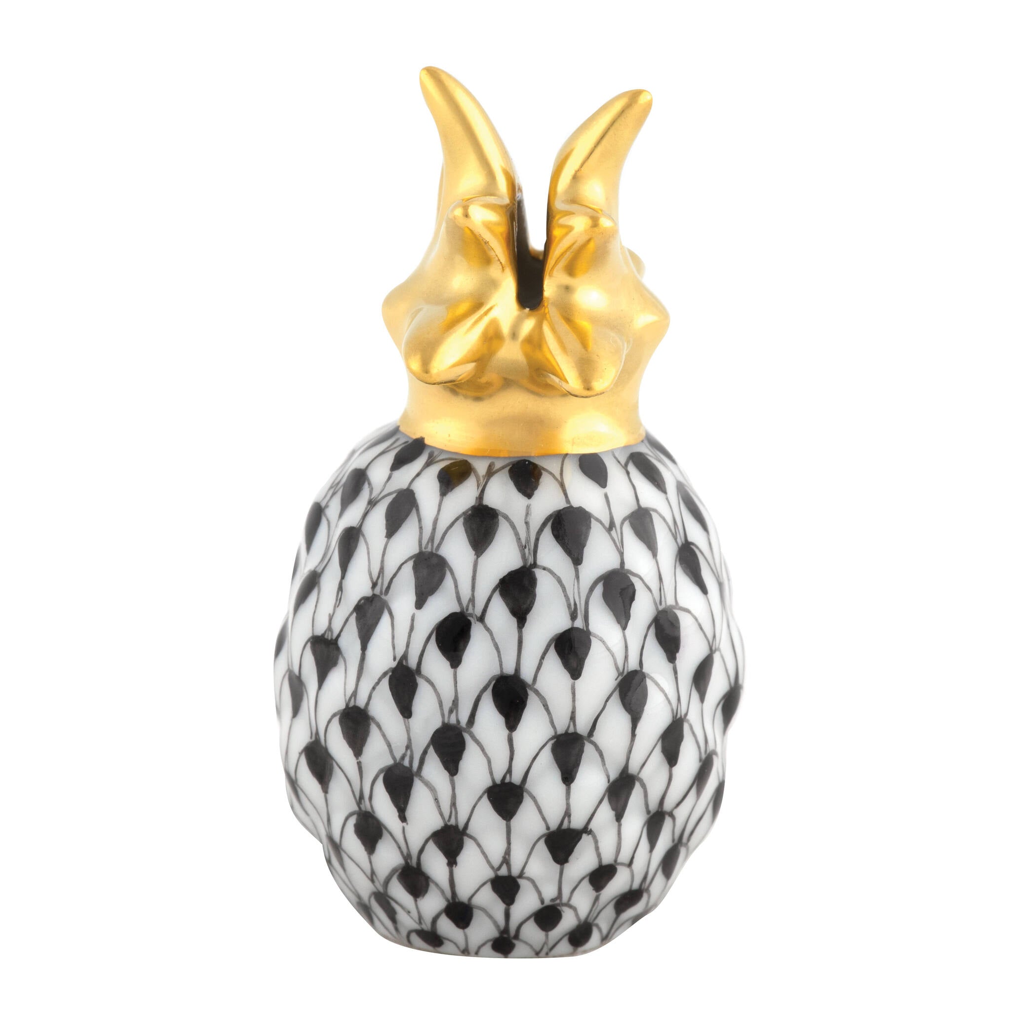 Black fishnet Pineapple Place Card Holder figurine, hand-painted Herend porcelain with 24k gold accents