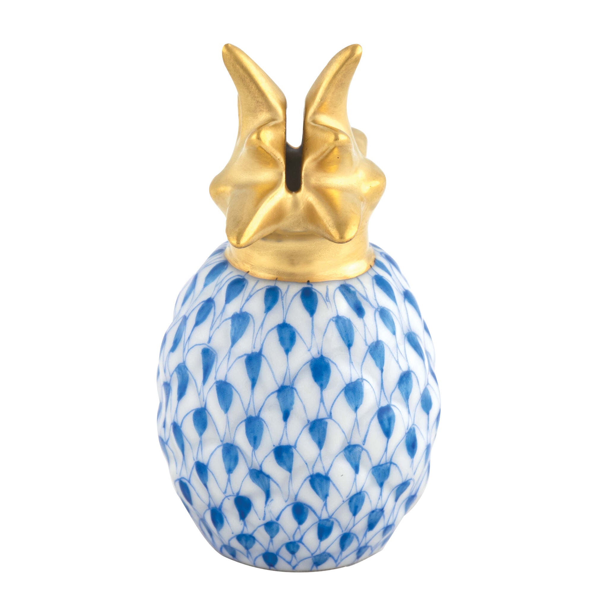 Hand-painted Herend Pineapple Place Card Holder in Blue fishnet porcelain on a white background