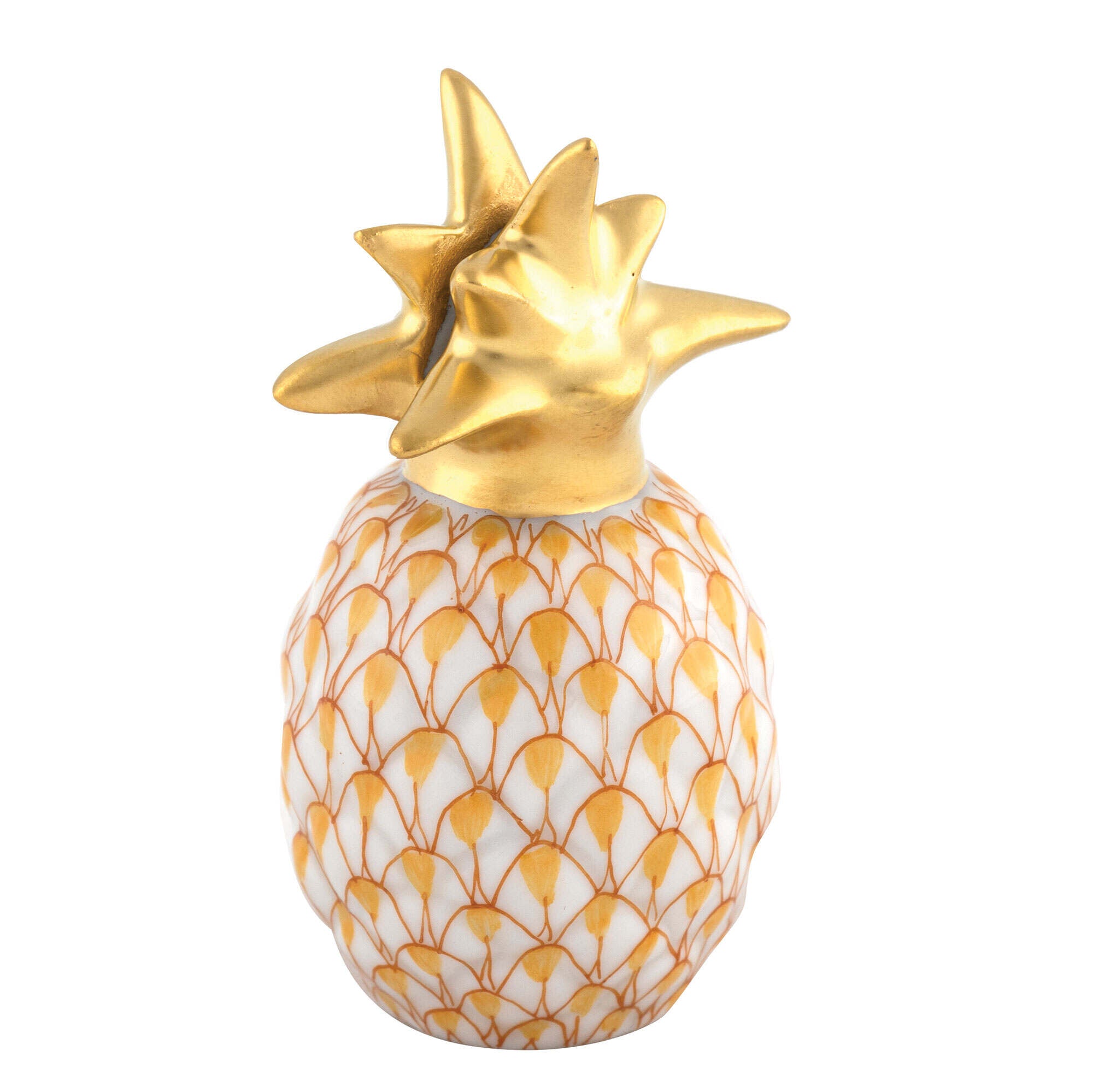 Butterscotch fishnet Pineapple Place Card Holder figurine, hand-painted Herend porcelain with 24k gold accents