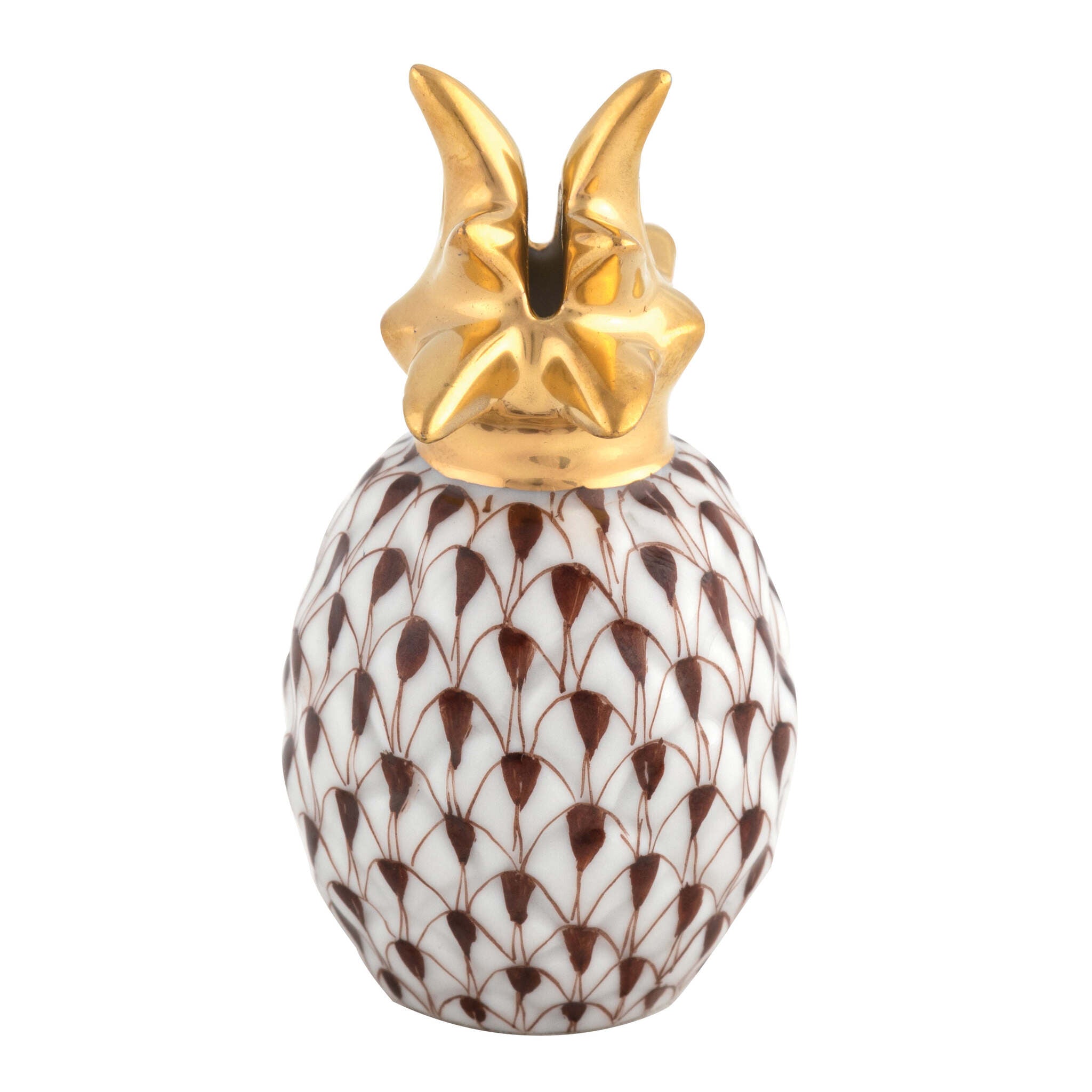 Hand-painted Herend Pineapple Place Card Holder in Chocolate fishnet porcelain on a white background