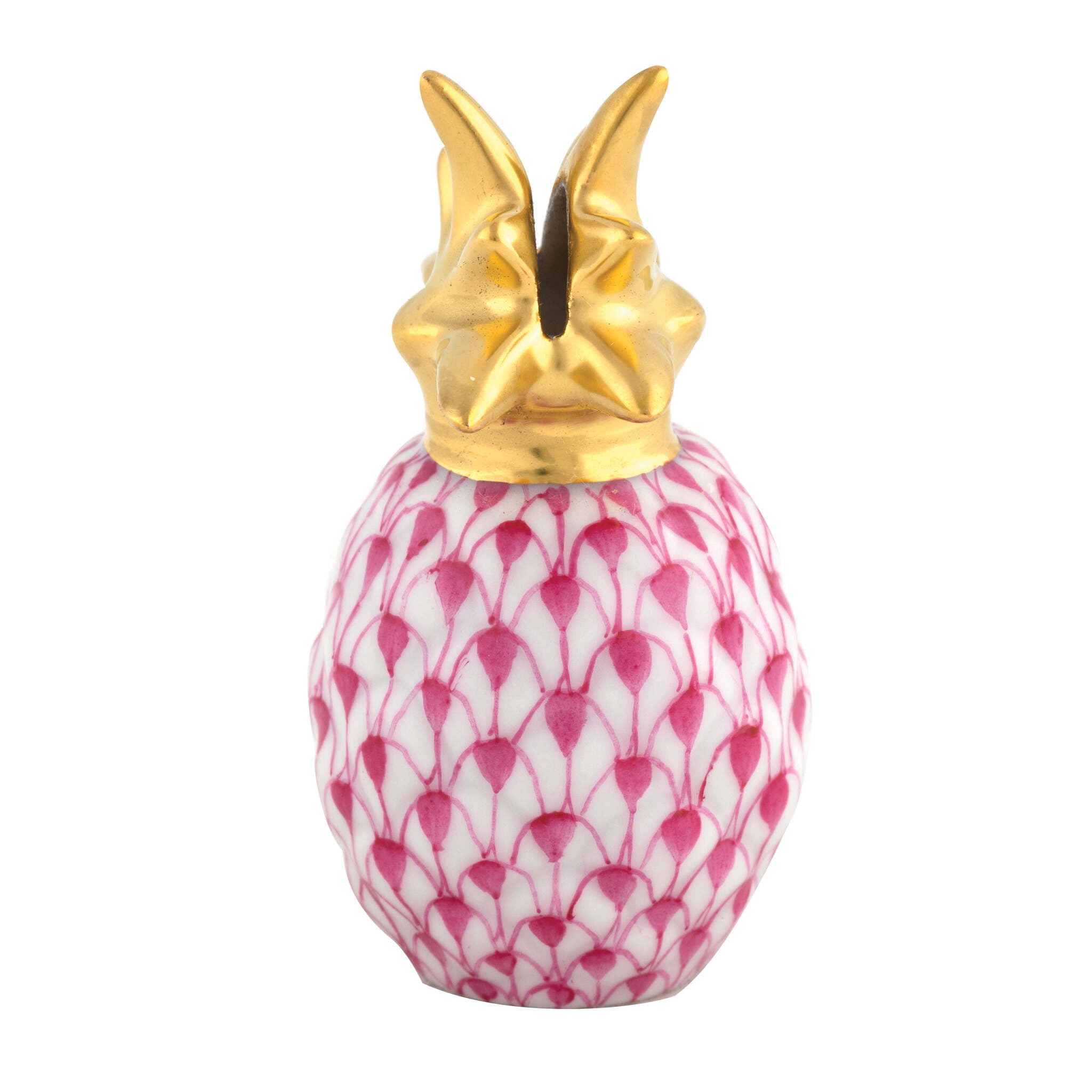 Hand-painted Herend Pineapple Place Card Holder in Raspberry fishnet porcelain on a white background