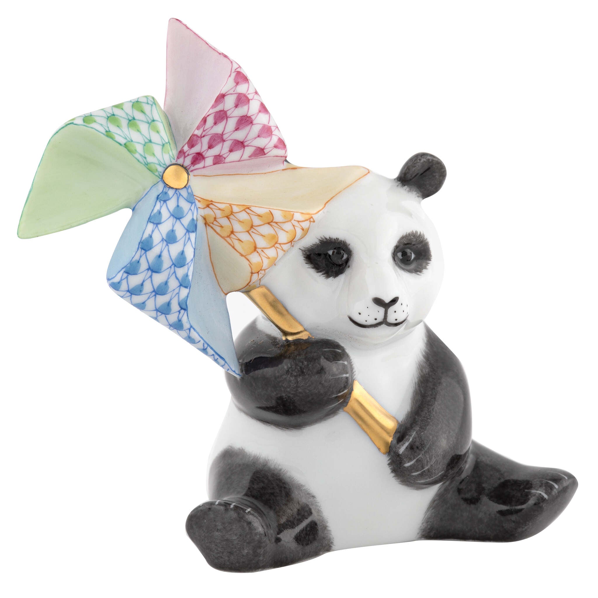 Hand-painted Herend Pinwheel Panda Figurine in fine porcelain, 3.5in L X 2in W X 3.5in H, on a white background