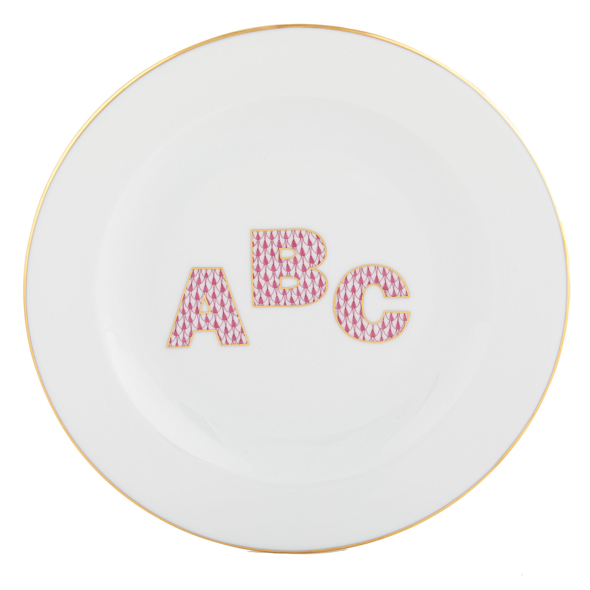 Raspberry fishnet Plate with Abc figurine, hand-painted Herend porcelain with 24k gold accents